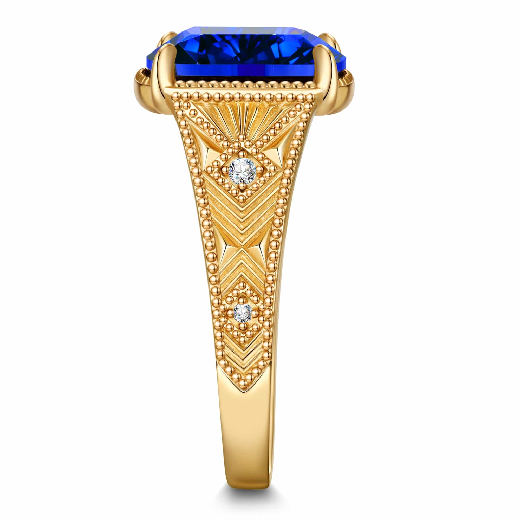 11*9mm Cushion Modified Brilliant Cut Royal Blue Hue Lab-Certified Blue Sapphire - Pave Classic Engagement Ring 14K Yellow Gold Plated (Includes GRC Certification from Gemstone Research Center) - Image 2