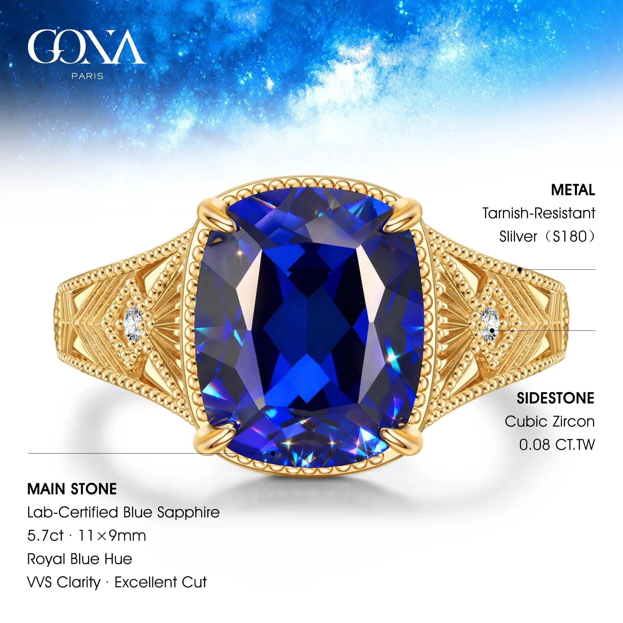11*9mm Cushion Modified Brilliant Cut Royal Blue Hue Lab-Certified Blue Sapphire - Pave Classic Engagement Ring 14K Yellow Gold Plated (Includes GRC Certification from Gemstone Research Center) - Image 3