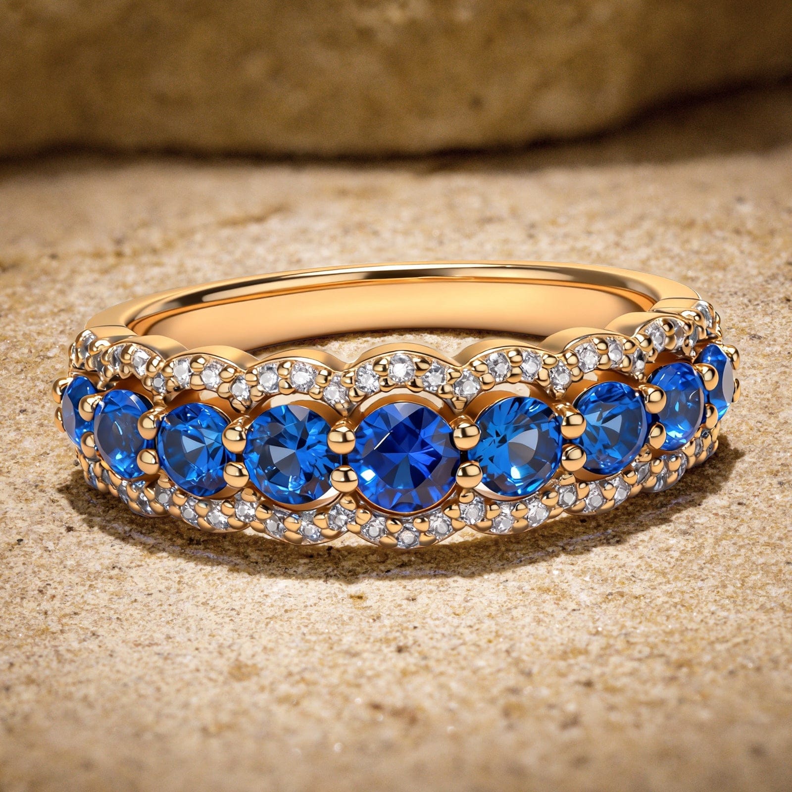 Round Brilliant Cut Royal Blue Lab-Certified Blue Sapphire - Half Eternity Ring 14K Yellow Gold Plated (Includes GRC Certification from Gemstone Research Center) - Image 3