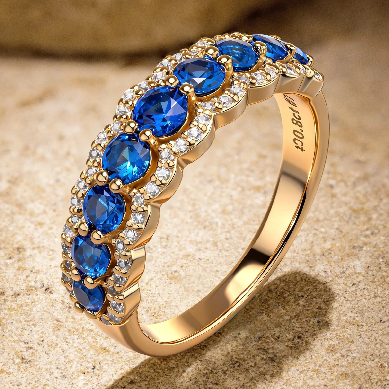 Round Brilliant Cut Royal Blue Lab-Certified Blue Sapphire - Half Eternity Ring 14K Yellow Gold Plated (Includes GRC Certification from Gemstone Research Center) - Image 4
