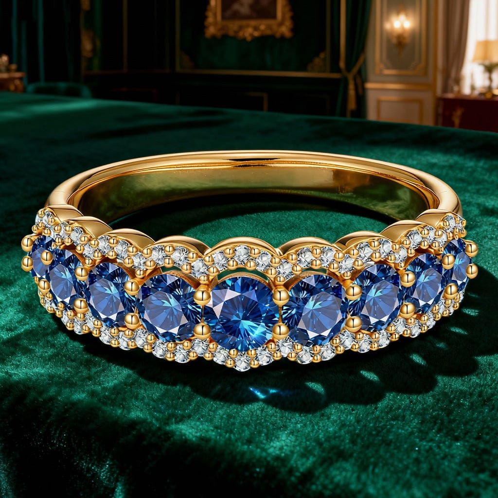 Round Brilliant Cut Royal Blue Lab-Certified Blue Sapphire - Half Eternity Ring 14K Yellow Gold Plated (Includes GRC Certification from Gemstone Research Center) - Image 5