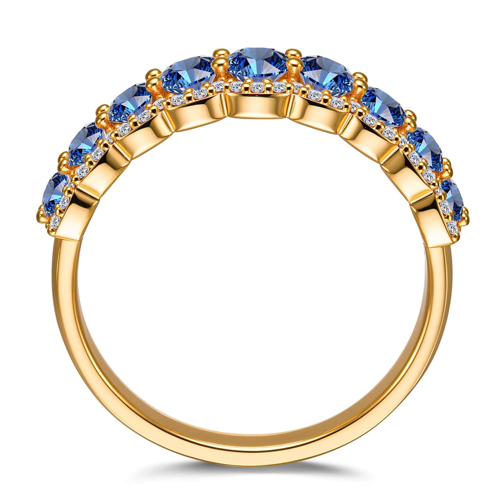 Round Brilliant Cut Royal Blue Lab-Certified Blue Sapphire - Half Eternity Ring 14K Yellow Gold Plated (Includes GRC Certification from Gemstone Research Center) - Image 7