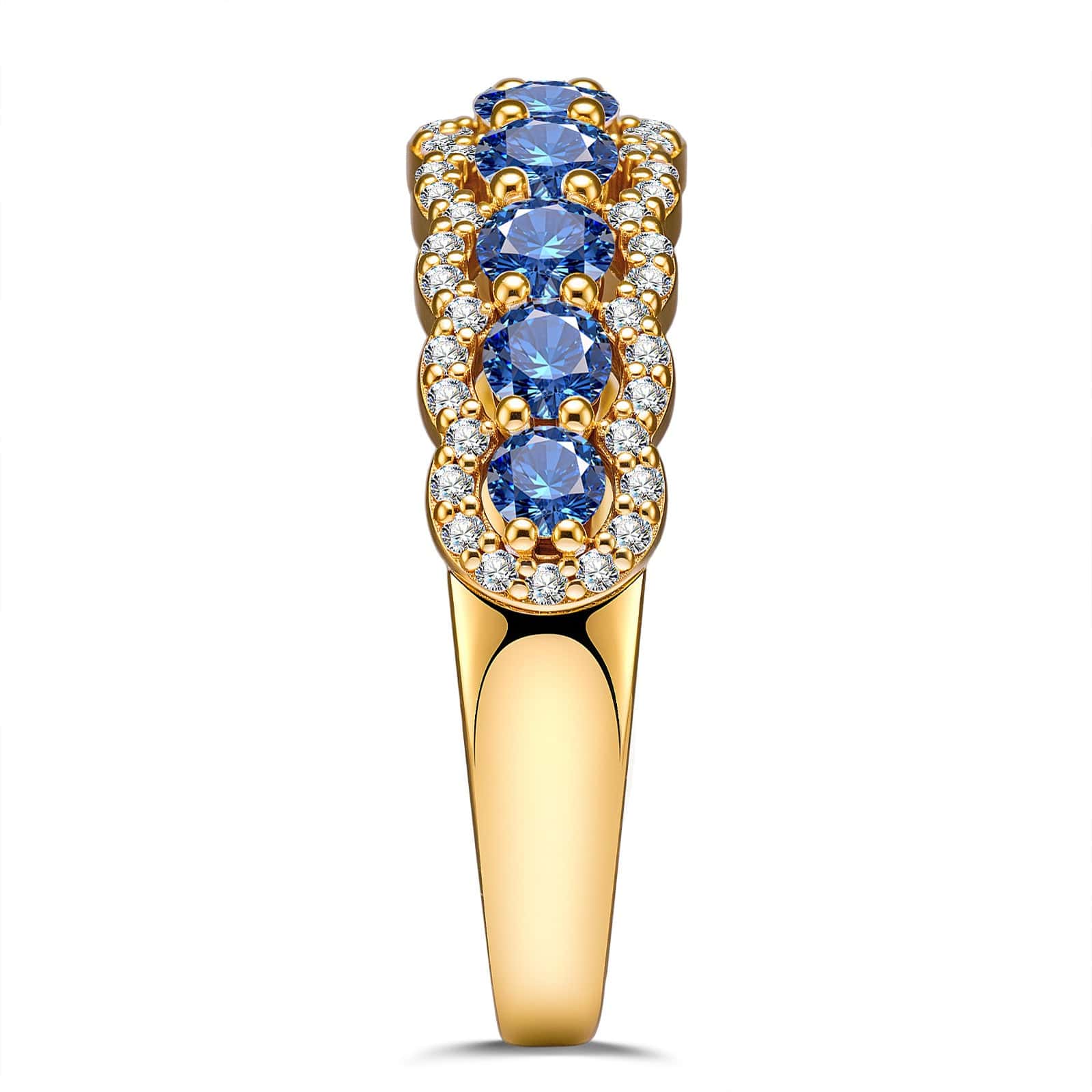 Round Brilliant Cut Royal Blue Lab-Certified Blue Sapphire - Half Eternity Ring 14K Yellow Gold Plated (Includes GRC Certification from Gemstone Research Center) - Image 8