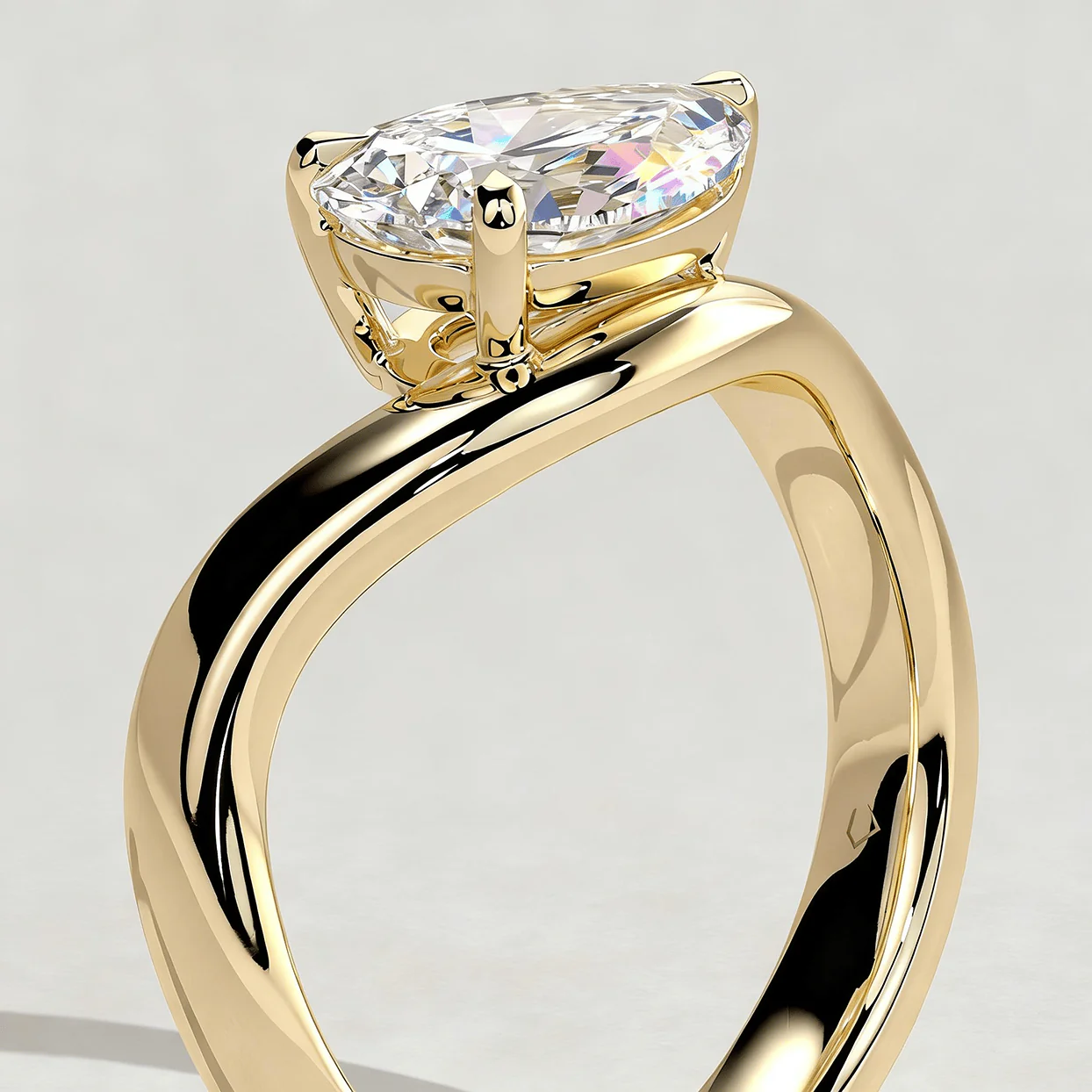2ct Pear Lab-Grown Diamond Ring in East-West Setting with Wave Band Claw Setting Tarnish-resistant Silver In 14K Gold Plated (Includes IGI Certification from International Gemological Institute) - Image 3