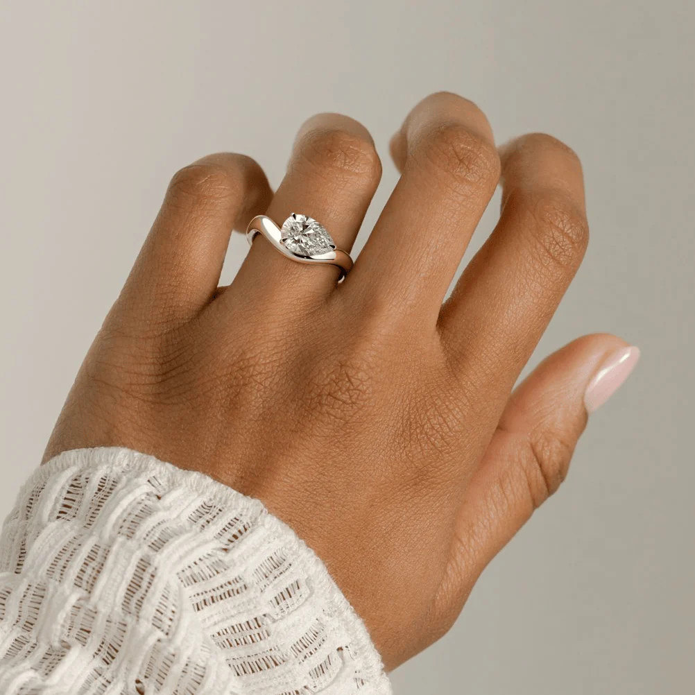 2ct Pear Lab-Grown Diamond Ring in East-West Setting with Wave Band Claw Setting Tarnish-resistant Silver In 14K Gold Plated (Includes IGI Certification from International Gemological Institute) - Image 7