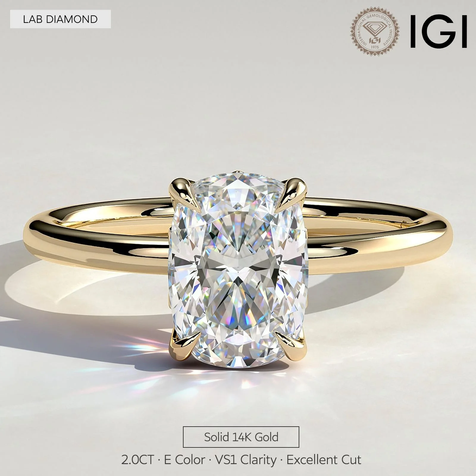 2ct Elongated Cushion Lab-Grown Diamond Ring with Petal Gallery & Leaf Detail Claw Setting in Solid 14K Yellow Gold (Includes IGI Certification from International Gemological Institute)