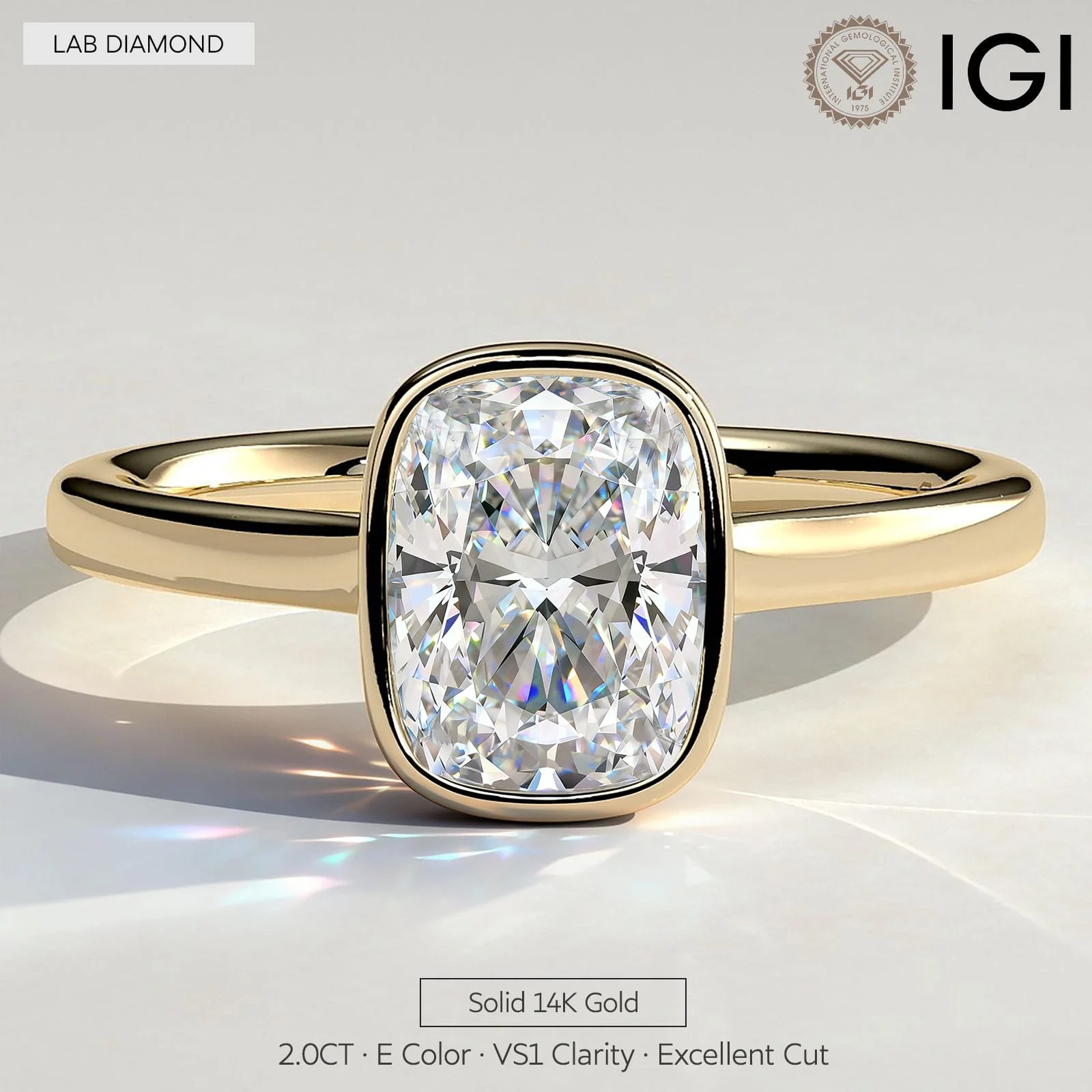 2ct Elongated Cushion Lab-Grown Diamond Ring with Bezel Setting Cathedral Setting in Solid 14K Yellow Gold (Includes IGI Certification from International Gemological Institute)
