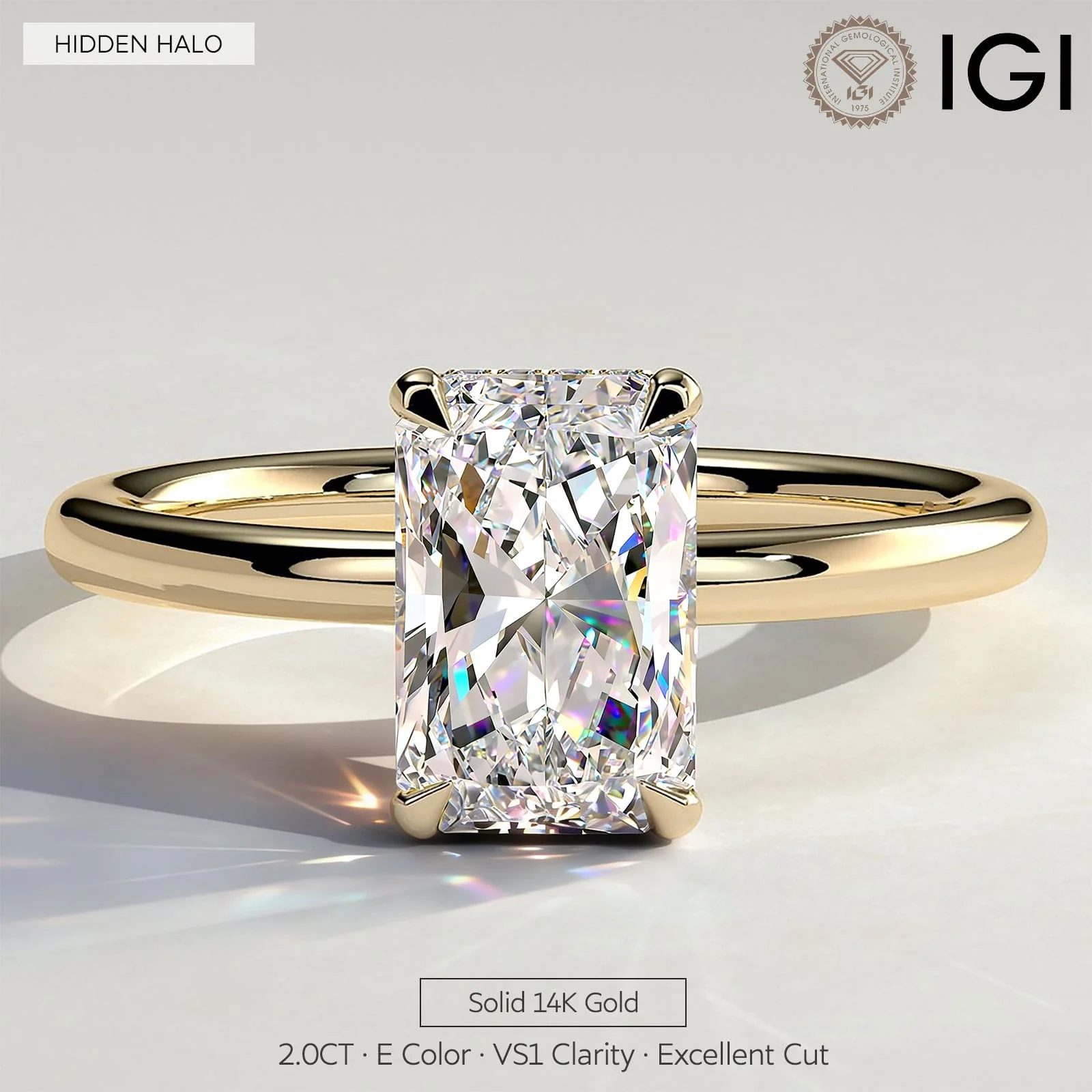 2ct Radiant Lab-Grown Diamond Ring with Wraparound Hidden Halo Claw Setting in Solid 14K Yellow Gold (Includes IGI Certification from International Gemological Institute)