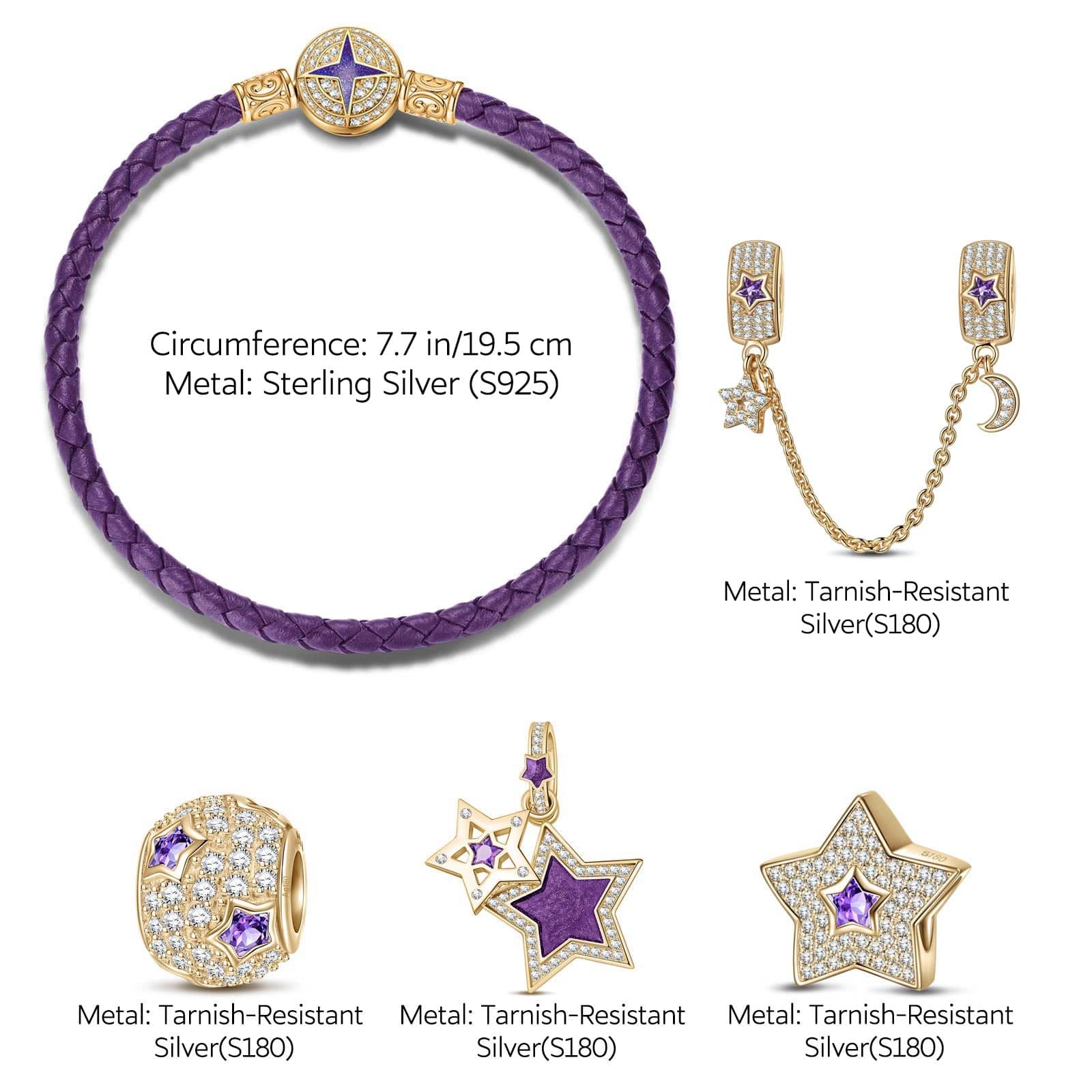 Purple Star Tarnish-resistant Silver Charms Bracelet Set With Enamel In 14K Gold Plated (Includes bracelet and all charms shown) - Image 3