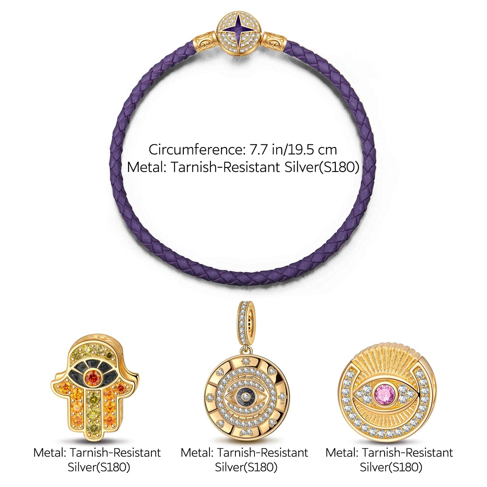 The Eye of David Tarnish-resistant Silver Leather Charms Bracelet Set With Enamel In 14K Gold Plated (Includes bracelet and all charms shown) - Image 2