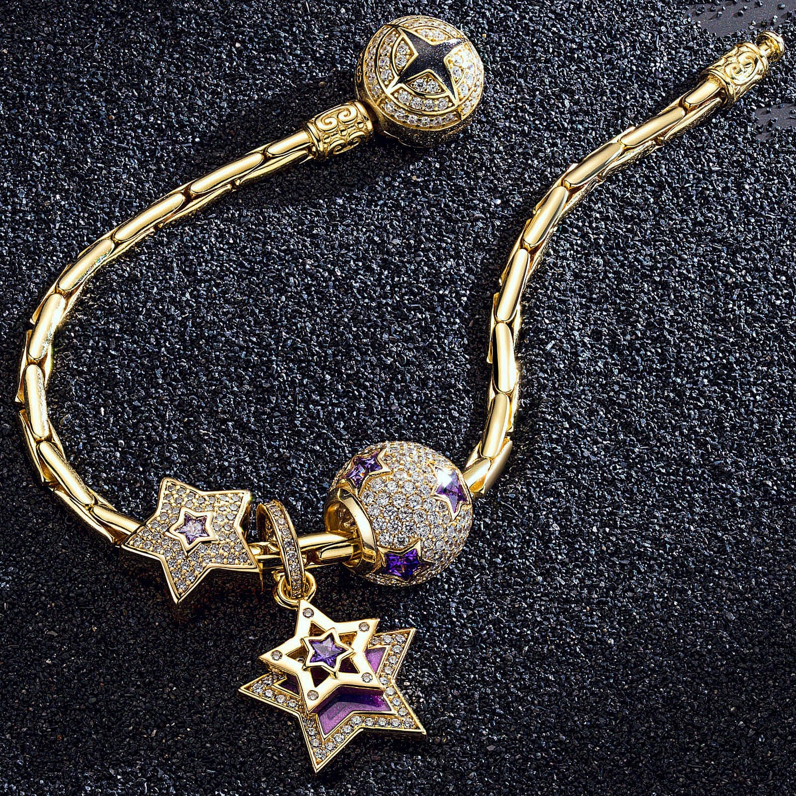 Sterling Silver Purple Star Charms Bracelet Set With Enamel In 14K Gold Plated (Includes bracelet and all charms shown) - Image 3