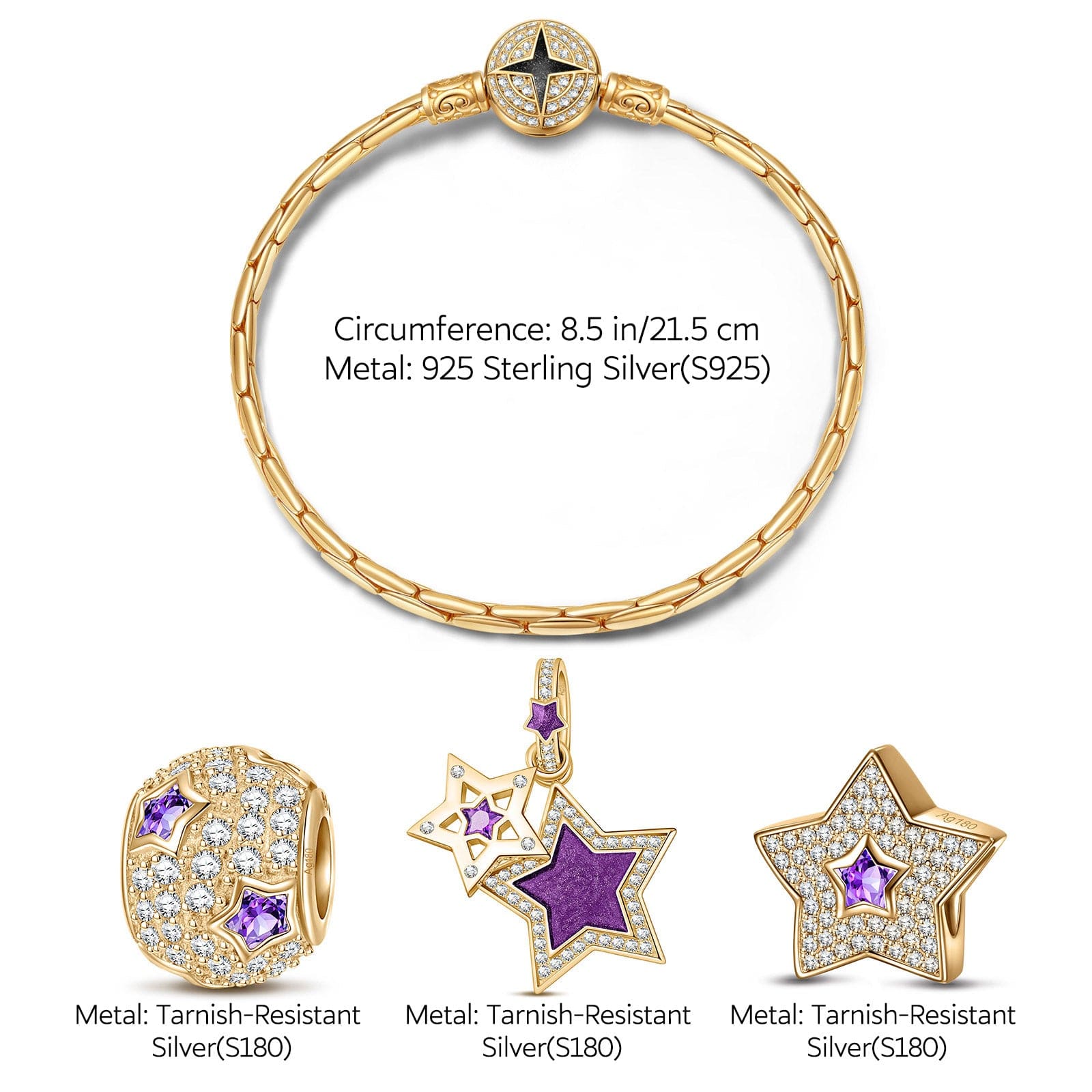 Sterling Silver Purple Star Charms Bracelet Set With Enamel In 14K Gold Plated (Includes bracelet and all charms shown) - Image 4
