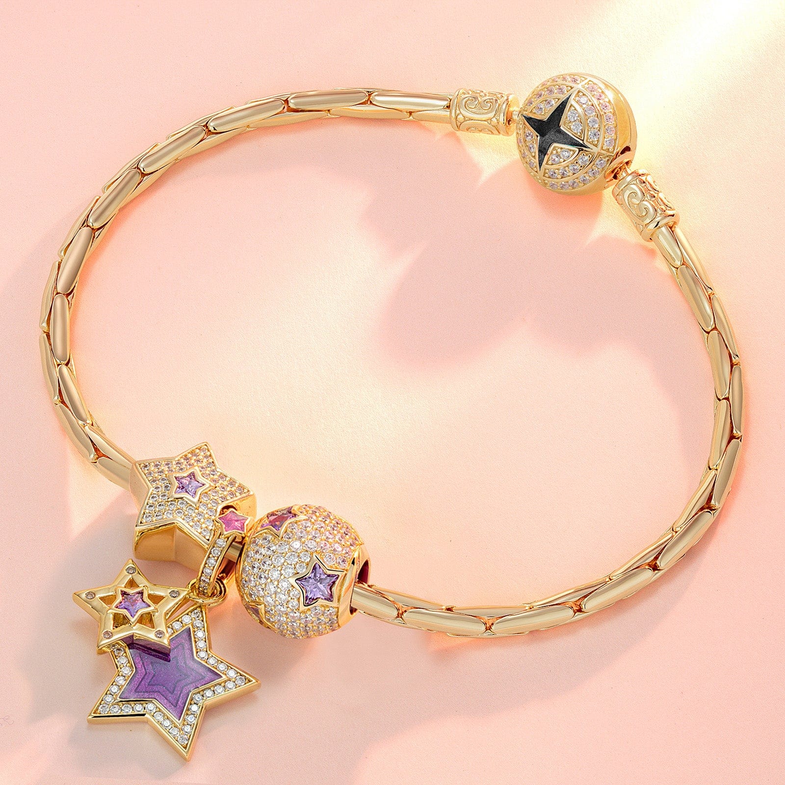 Sterling Silver Purple Star Charms Bracelet Set With Enamel In 14K Gold Plated (Includes bracelet and all charms shown) - Image 9