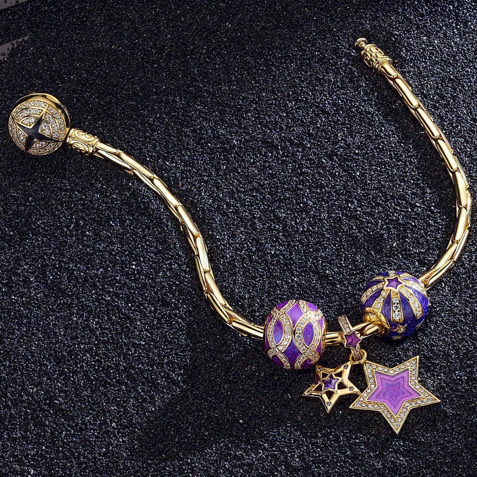 Sterling Silver Starry Night Charms Bracelet Set With Enamel In 14K Gold Plated (Includes bracelet and all charms shown) - Image 2