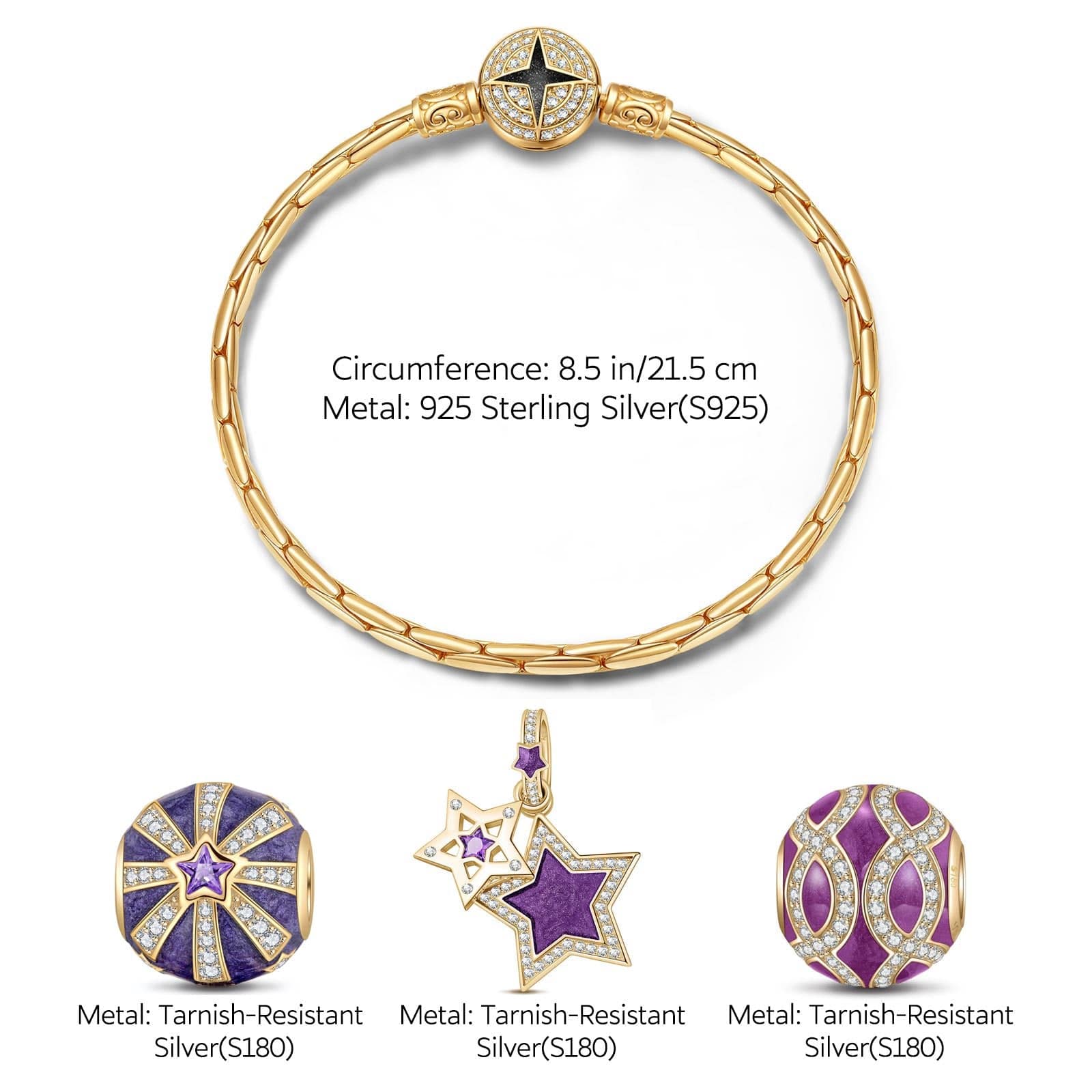 Sterling Silver Starry Night Charms Bracelet Set With Enamel In 14K Gold Plated (Includes bracelet and all charms shown) - Image 3