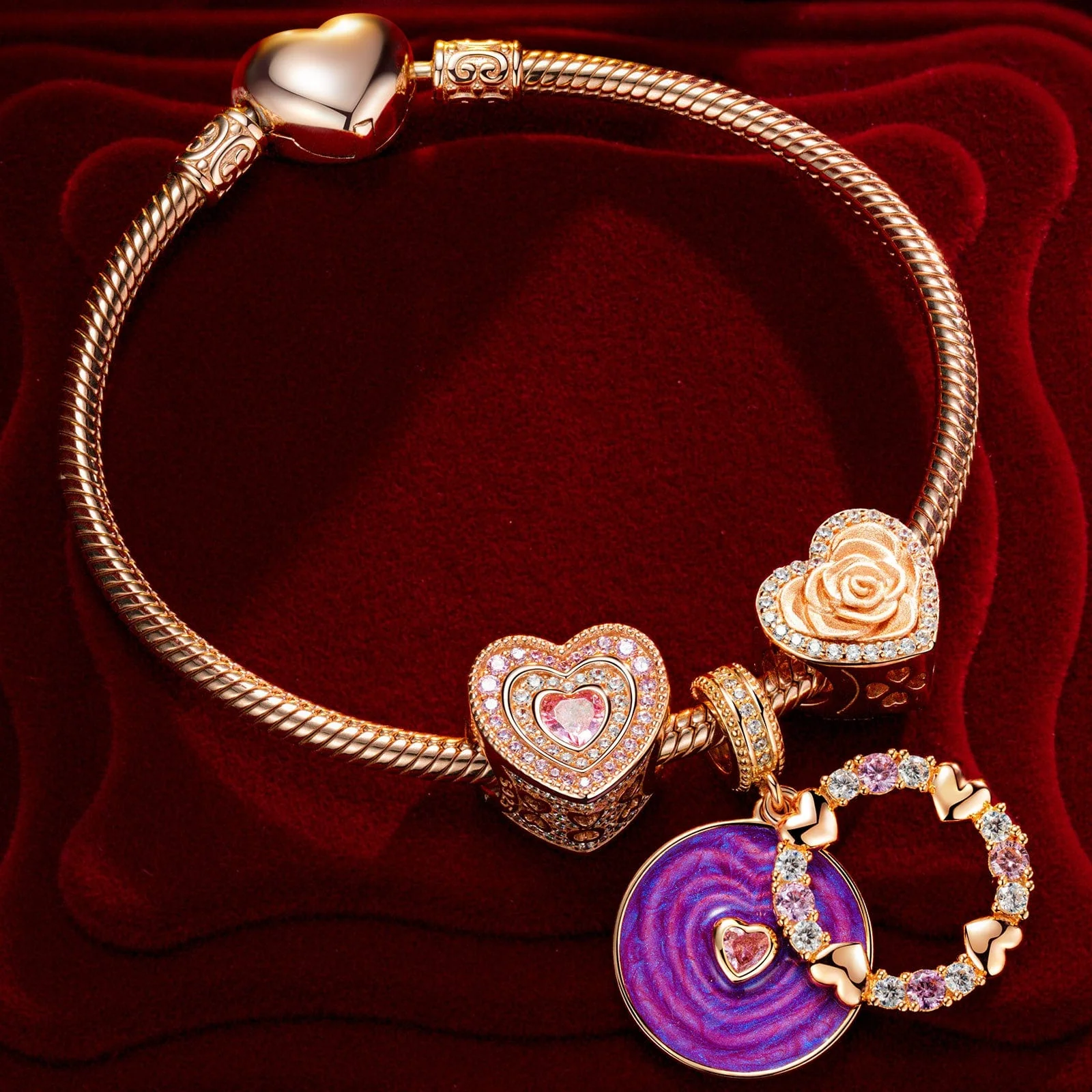 Enchanted Rose Tarnish-resistant Silver Charms Bracelet Set With Enamel In Rose Gold Plated (Includes bracelet and all charms shown) - Image 2