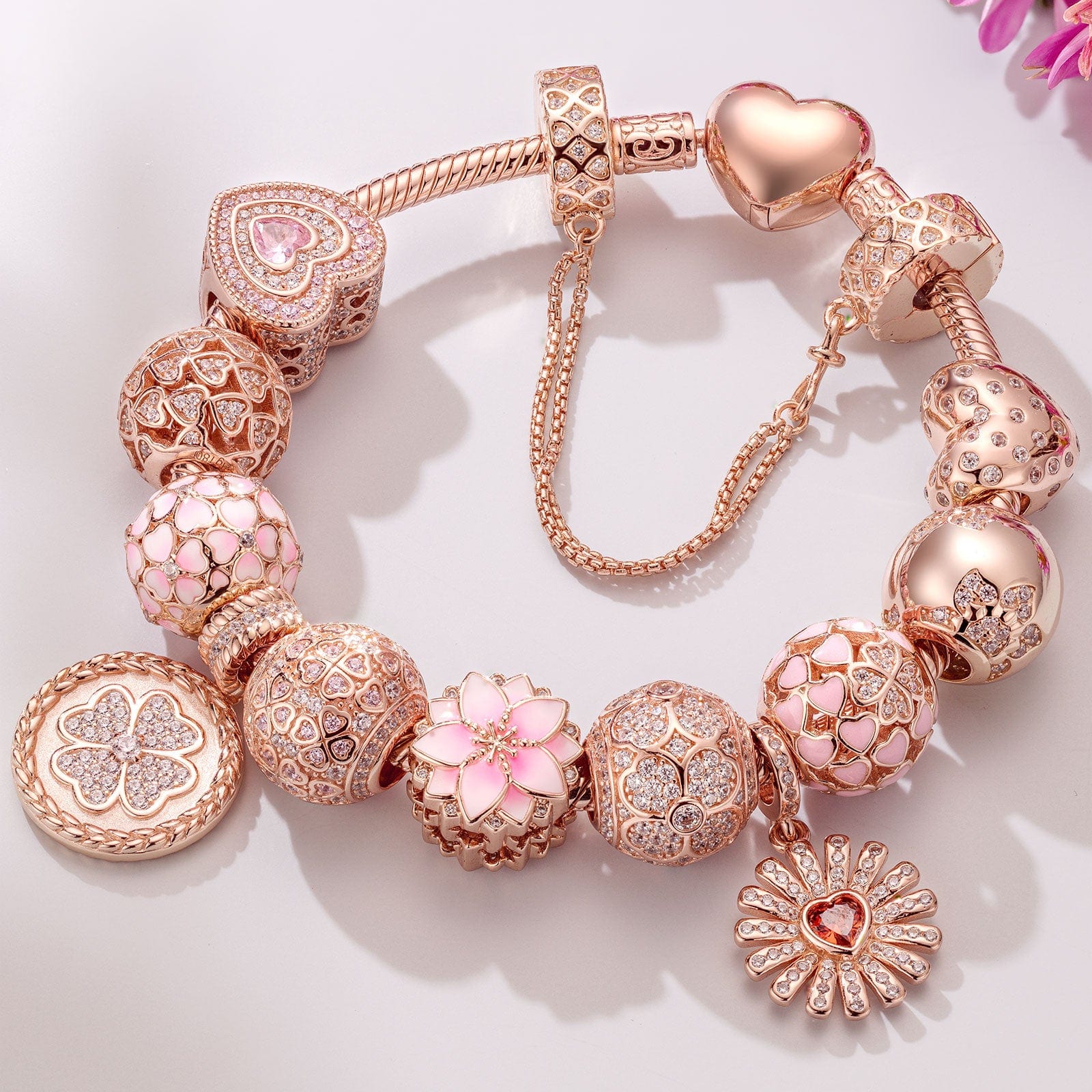 A Bouquet of Love Tarnish-resistant Silver Charms Bracelet Set With Enamel In Rose Gold Plated (Includes bracelet and all charms shown)
