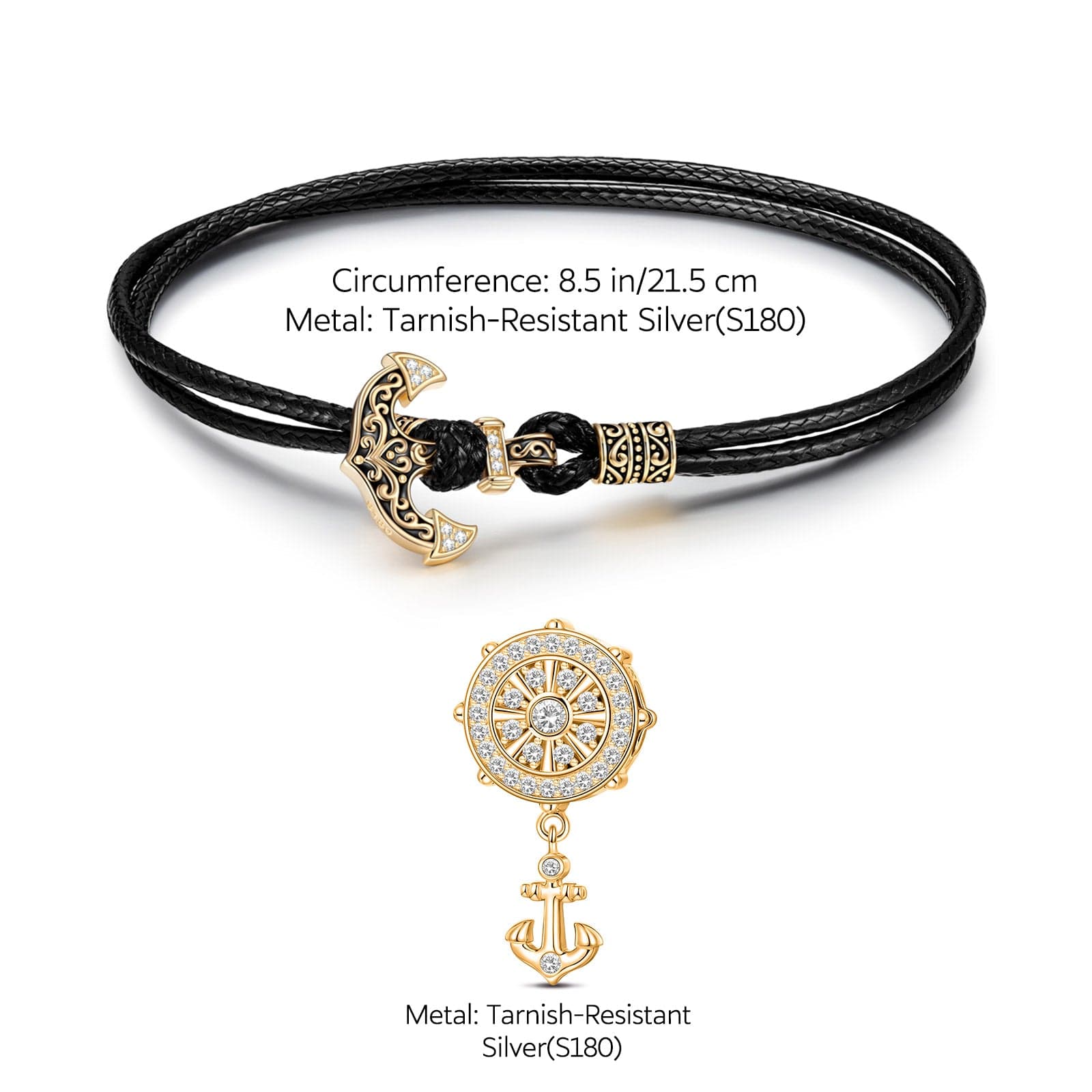 Helmsman Tarnish-resistant Silver Leather Charms Bracelet Set In 14K Gold Plated (Includes bracelet and all charms shown) - Image 3