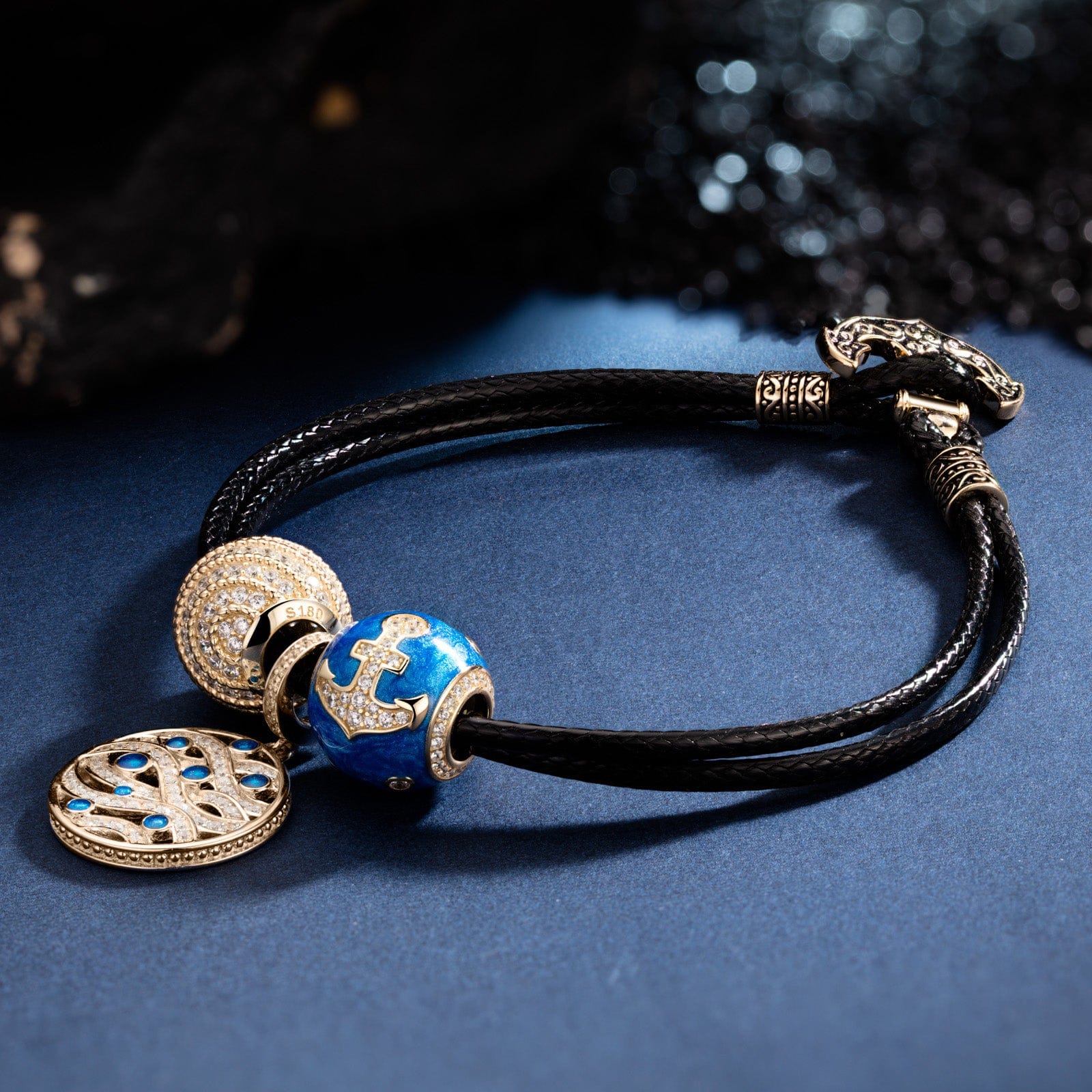 Waves And Anchors Tarnish-resistant Silver Leather Charms Bracelet Set With Enamel In 14K Gold Plated (Includes bracelet and all charms shown) - Image 2
