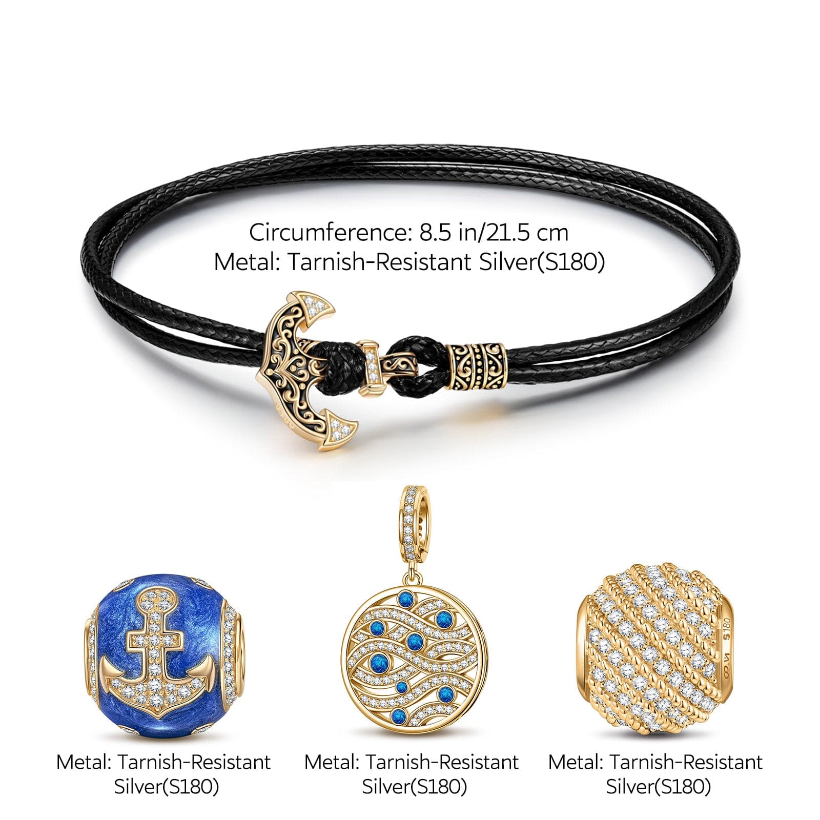 Waves And Anchors Tarnish-resistant Silver Leather Charms Bracelet Set With Enamel In 14K Gold Plated (Includes bracelet and all charms shown) - Image 3