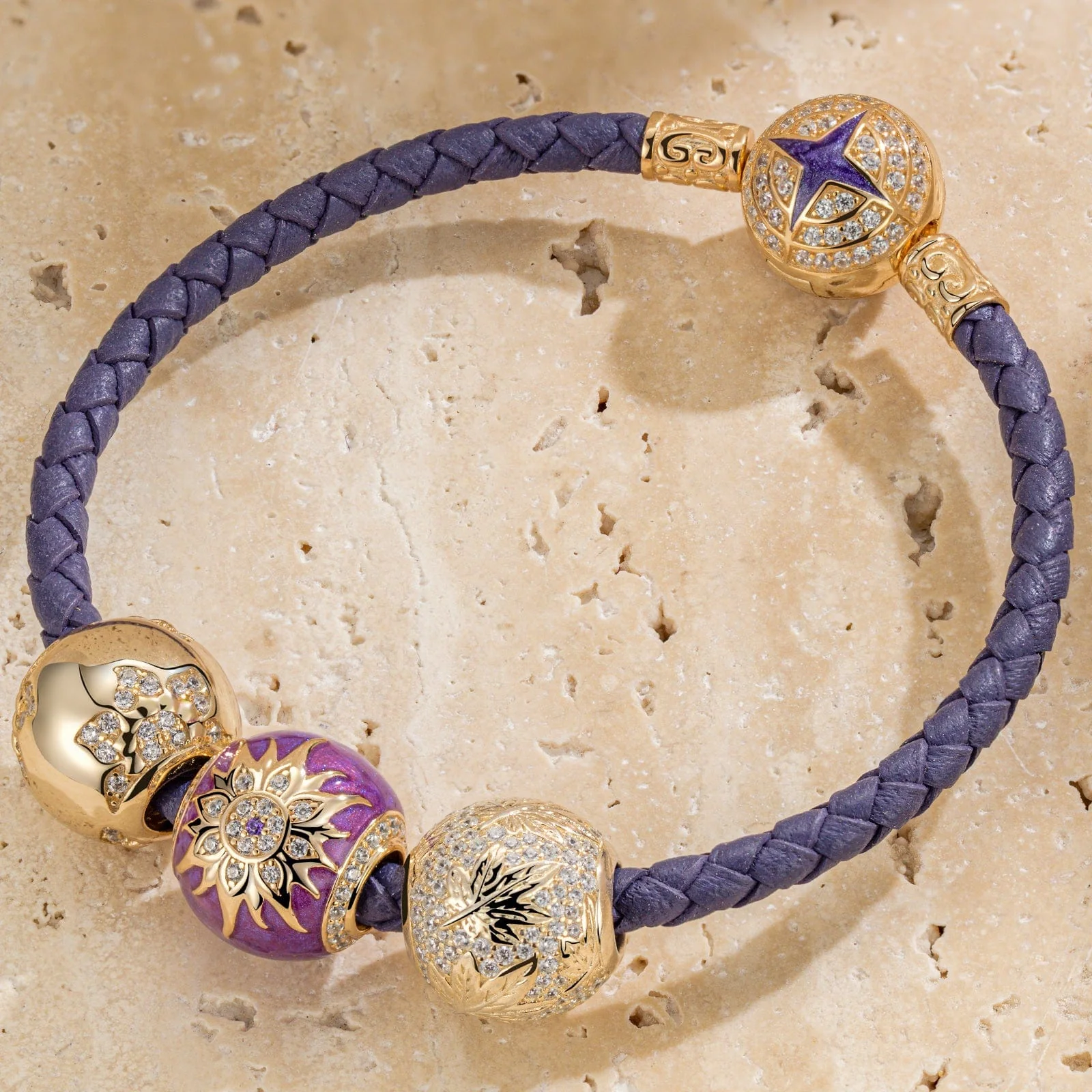 Blooming Mulberry Purple Tarnish-resistant Silver Charms Bracelet Set With Enamel In 14K Gold Plated (Includes bracelet and all charms shown)