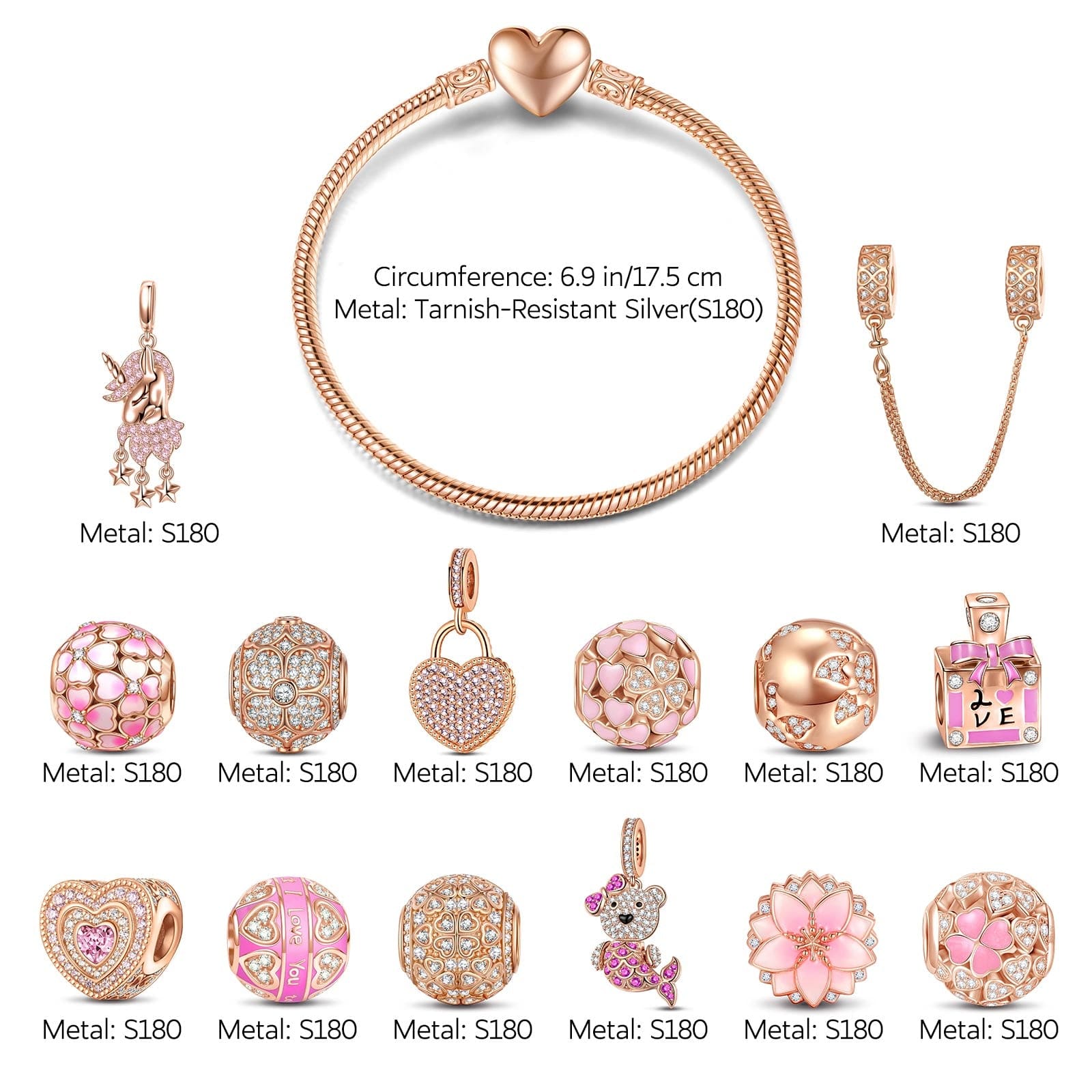 Fantasy Island Tarnish-resistant Silver Charms Bracelet Set With Enamel In Rose Gold Plated (Includes bracelet and all charms shown) - Image 2