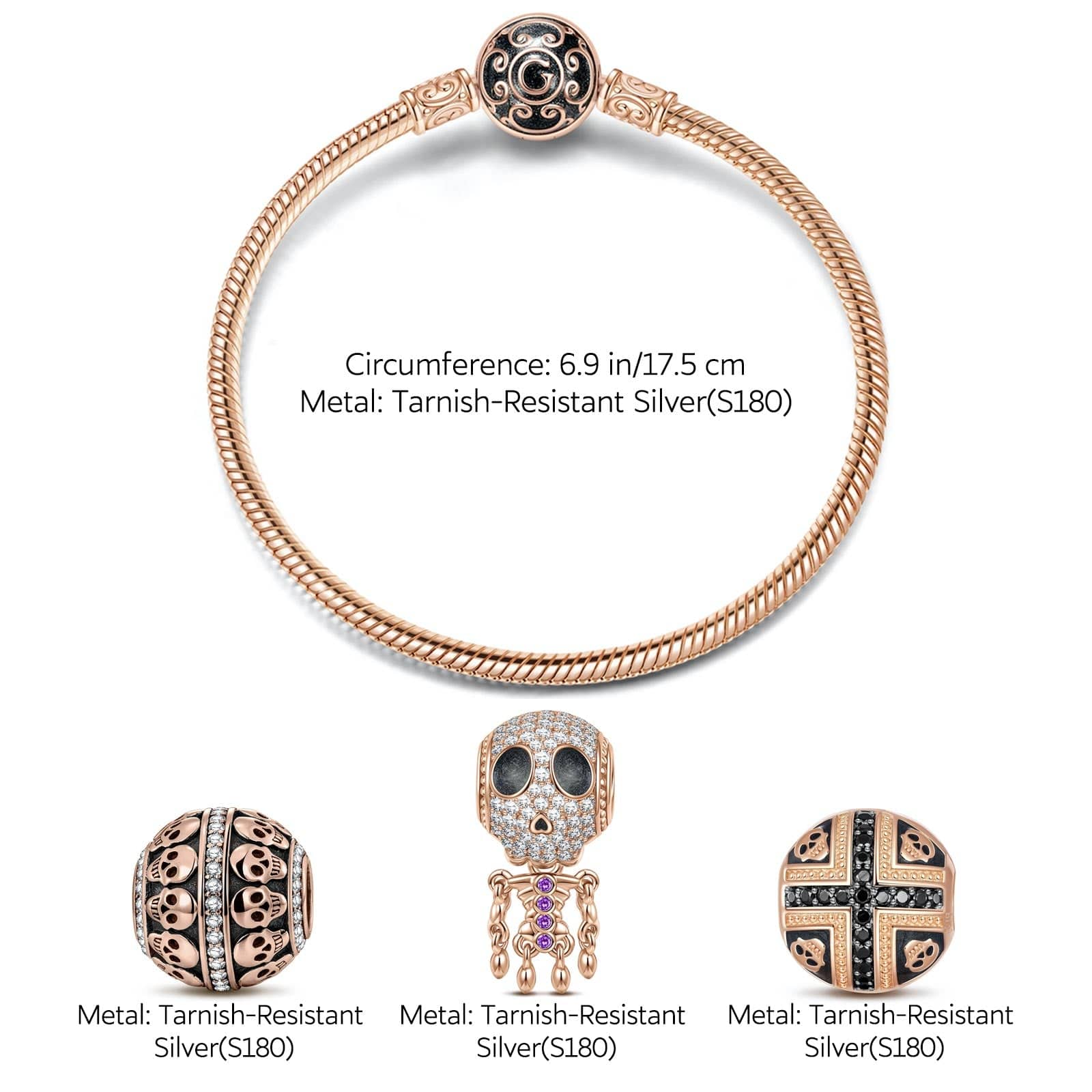 The Skull Mirage Tarnish-resistant Silver Charms Bracelet Set With Enamel In Rose Gold Plated (Includes bracelet and all charms shown) - Image 2