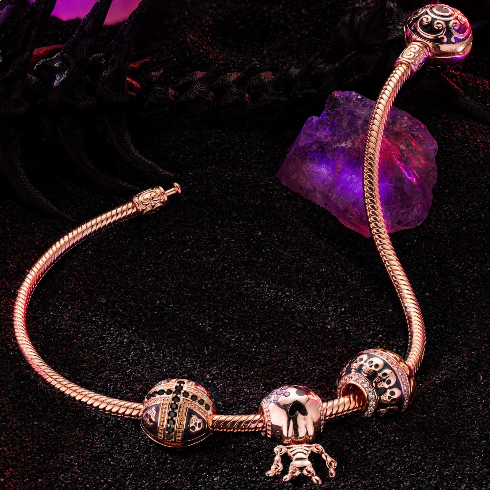 The Skull Mirage Tarnish-resistant Silver Charms Bracelet Set With Enamel In Rose Gold Plated (Includes bracelet and all charms shown) - Image 4