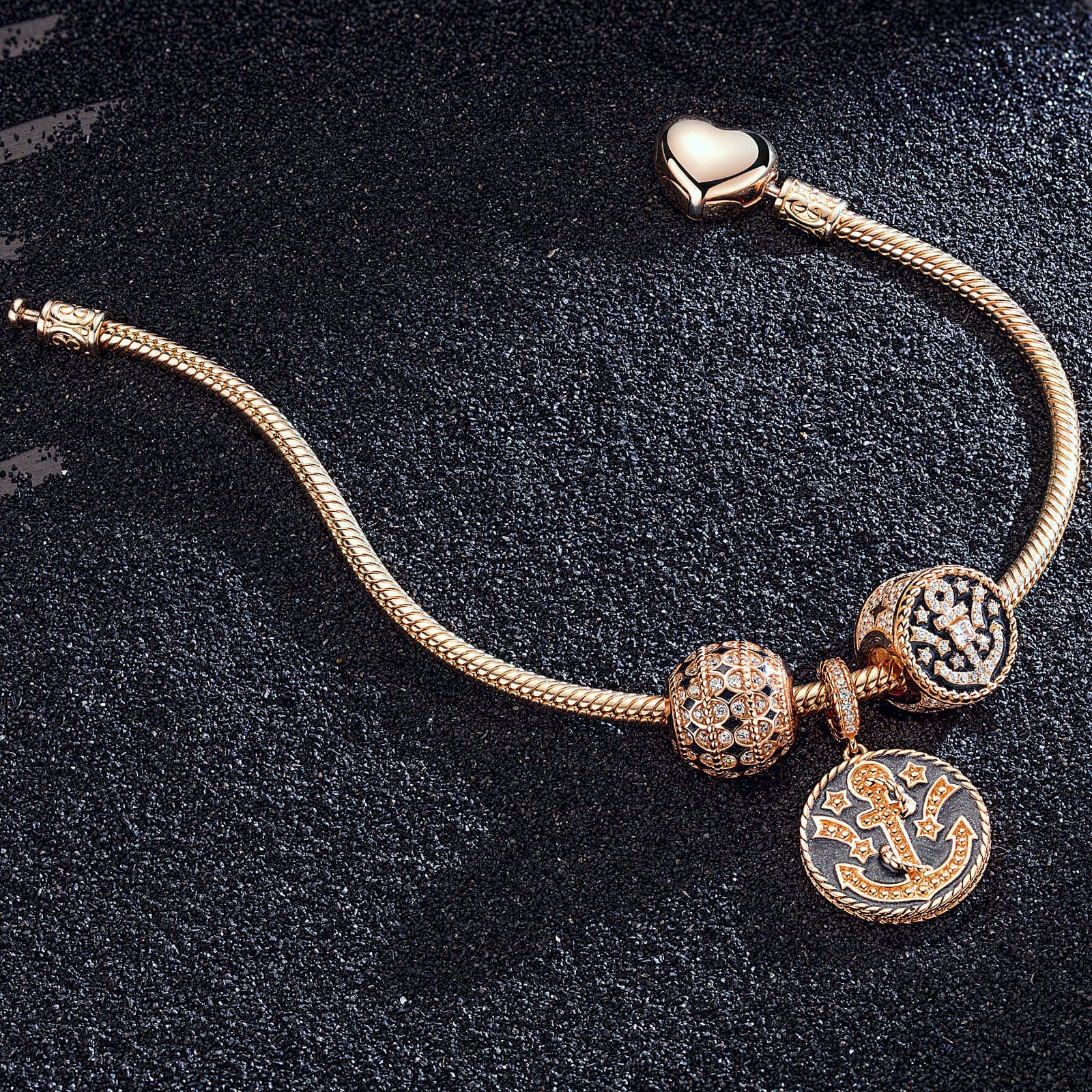 Stars of the Voyage Tarnish-resistant Silver Snake Chain Charms Bracelet Set With Enamel In Rose Gold Plated (Includes bracelet and all charms shown) - Image 2