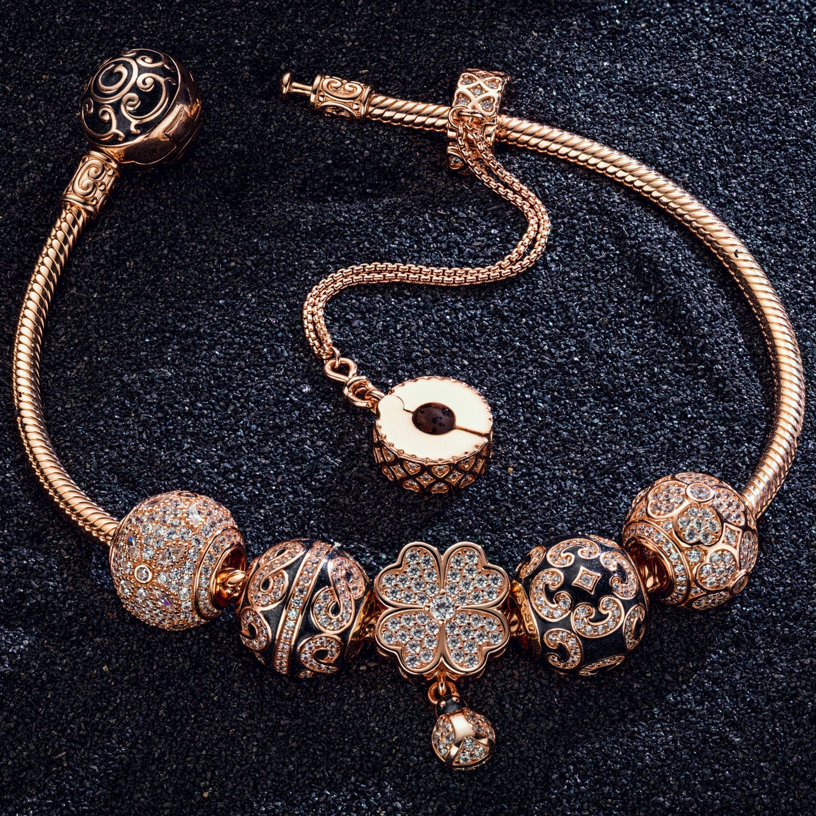 Lucky Four-Leaf Clover Tarnish-resistant Silver Charms Bracelet Set With Enamel In Rose Gold Plated (Includes bracelet and all charms shown) - Image 2