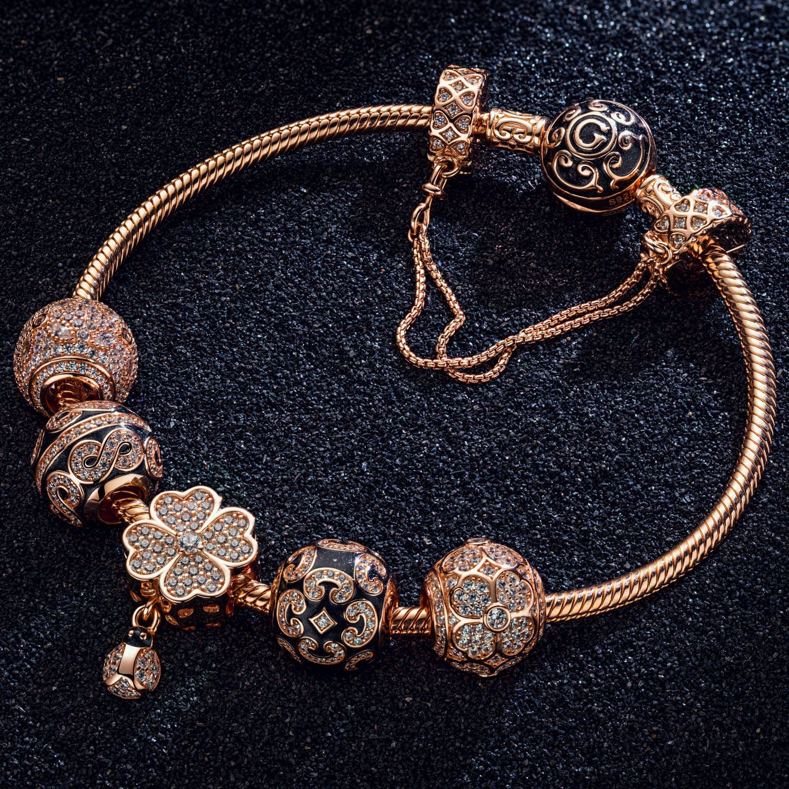 Lucky Four-Leaf Clover Tarnish-resistant Silver Charms Bracelet Set With Enamel In Rose Gold Plated (Includes bracelet and all charms shown)