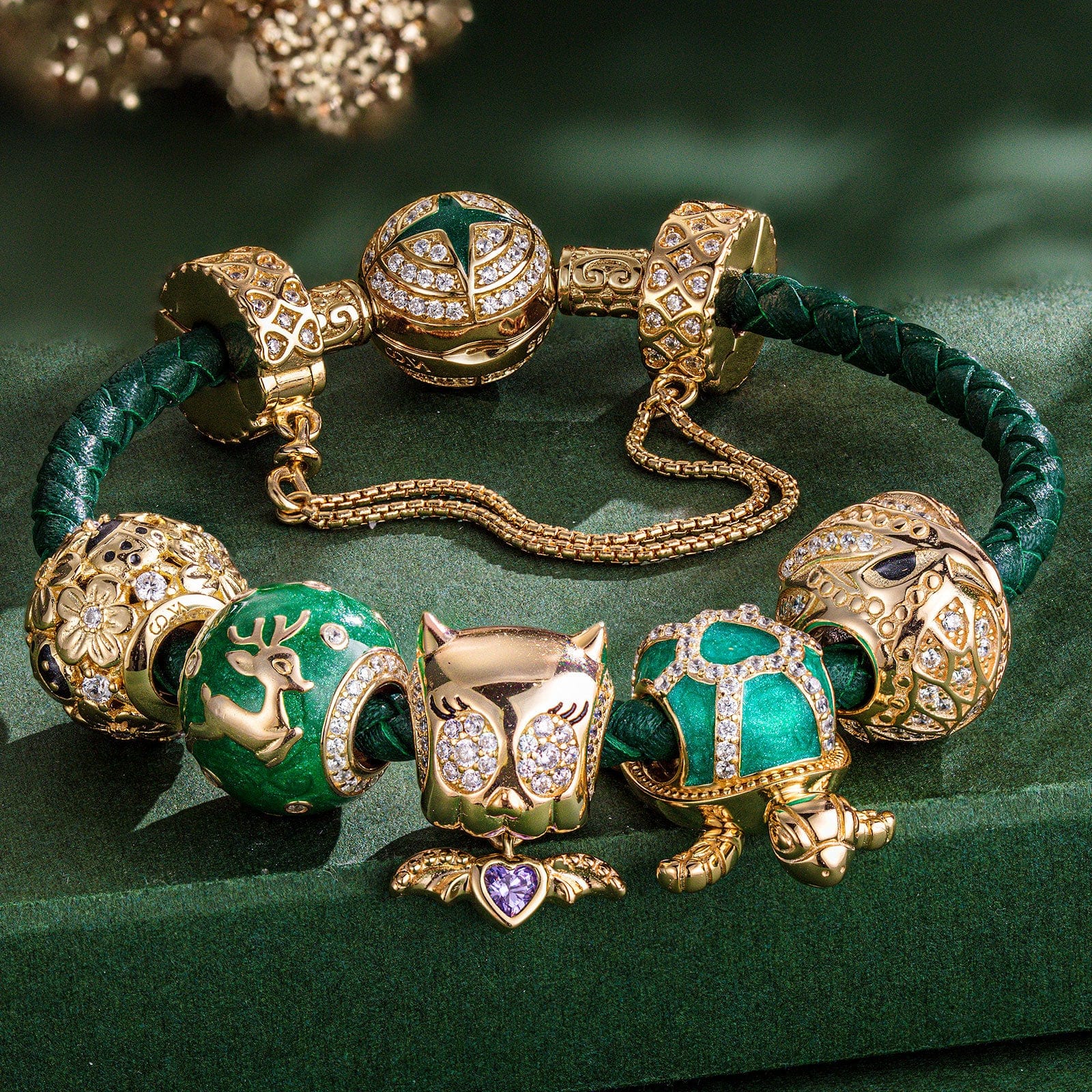 Captivating Fauna Fantasy Tarnish-resistant Silver Animals Charms Bracelet Set With Enamel In 14K Gold Plated (Includes bracelet and all charms shown)