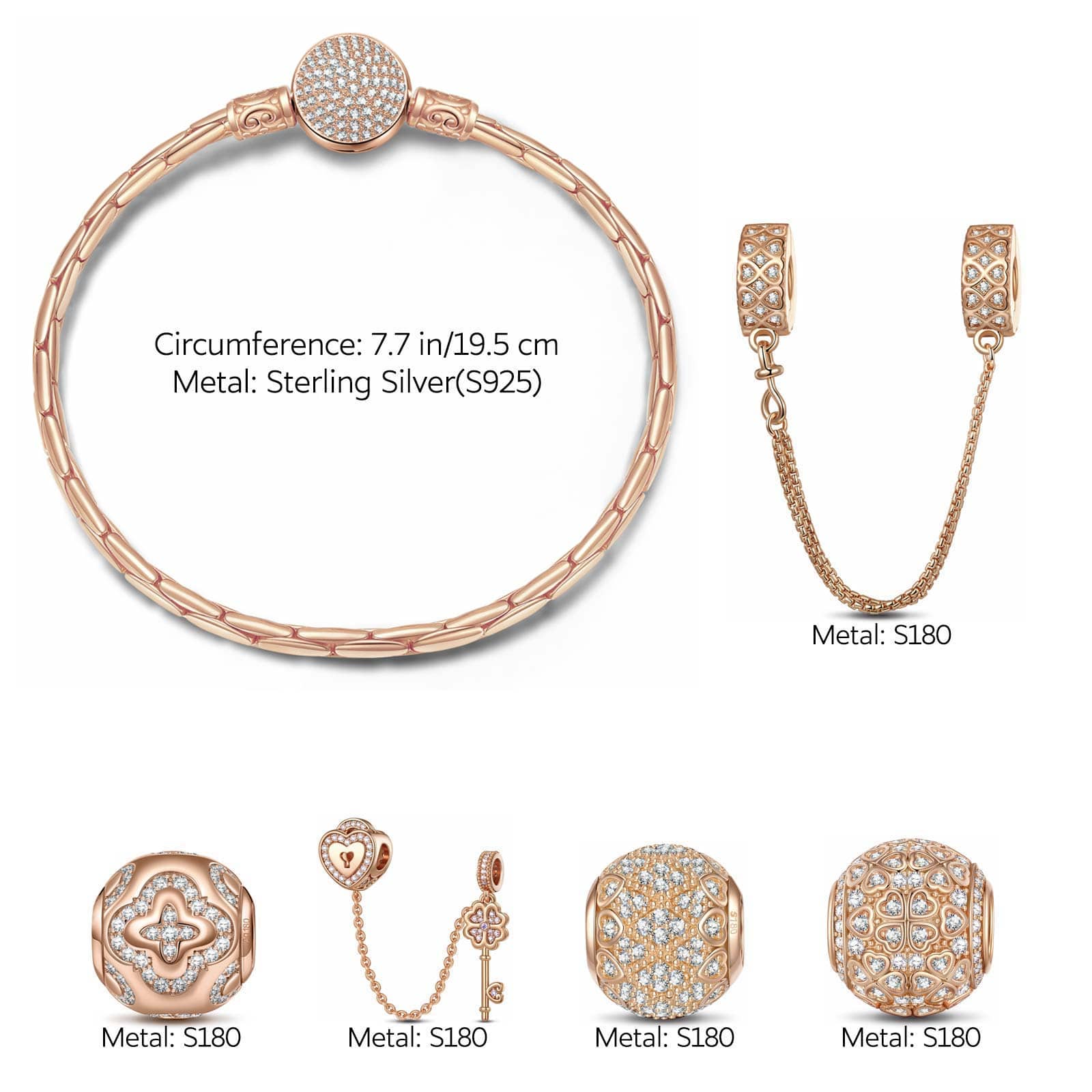 Key to Love Tarnish-resistant Silver Charms Bracelet Set In Rose Gold Plated (Includes bracelet and all charms shown) - Image 2