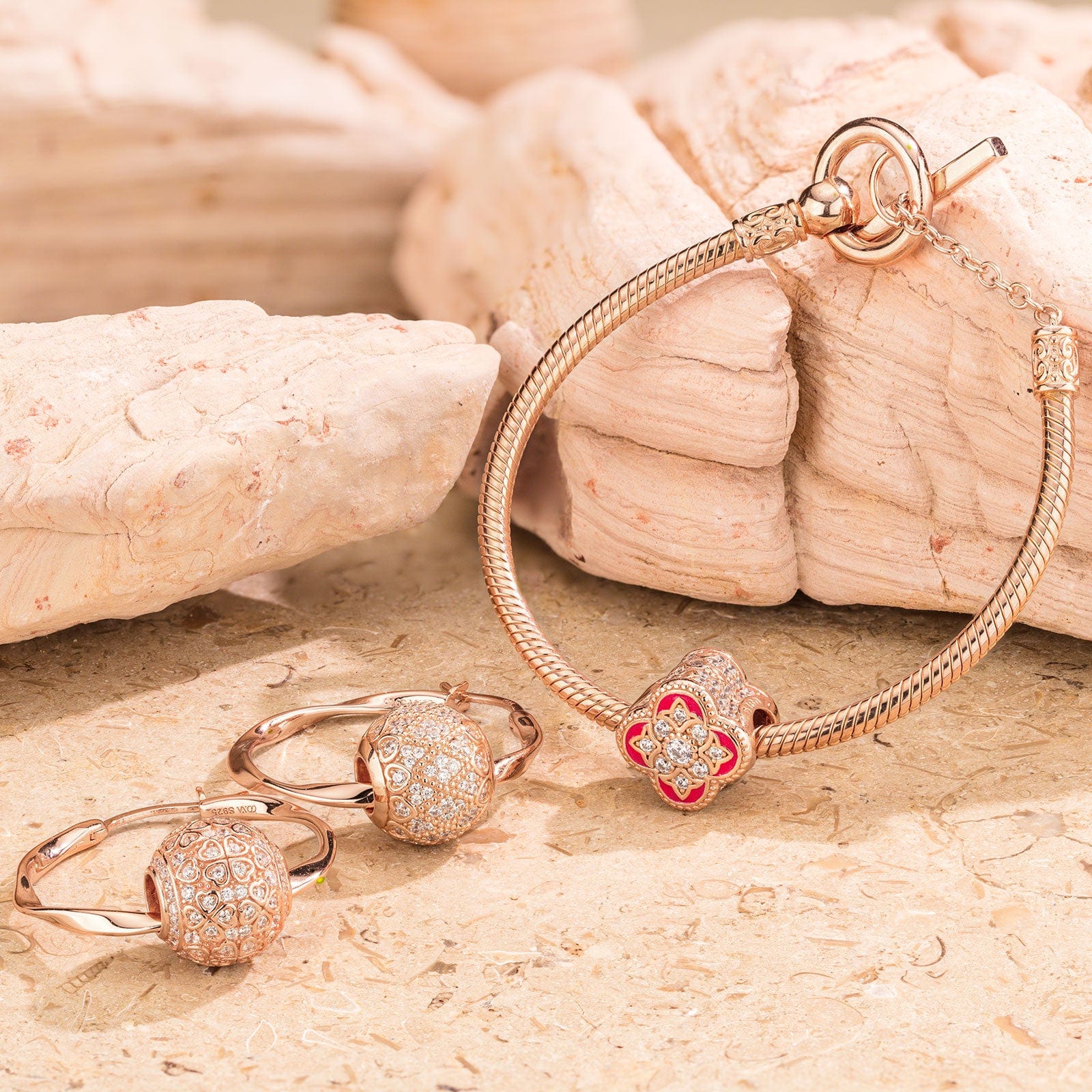 Rose Heart Tarnish-resistant Silver Charms Bracelet and Earrings Set With Enamel In Rose Gold Plated - Image 2