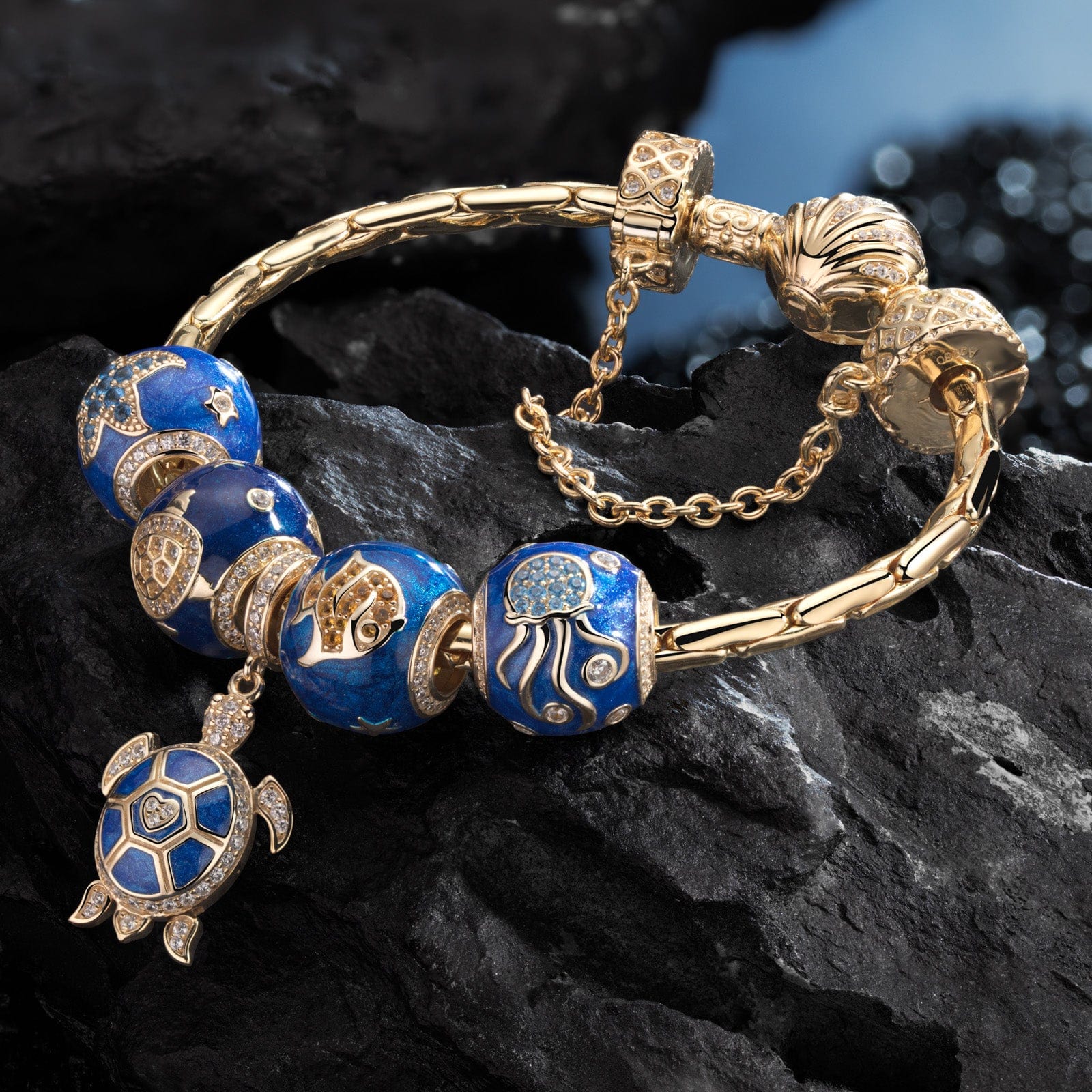 Sterling Silver Marine Animal Charms Bracelet Set With Enamel In 14K Gold Plated (Includes bracelet and all charms shown) - Image 3