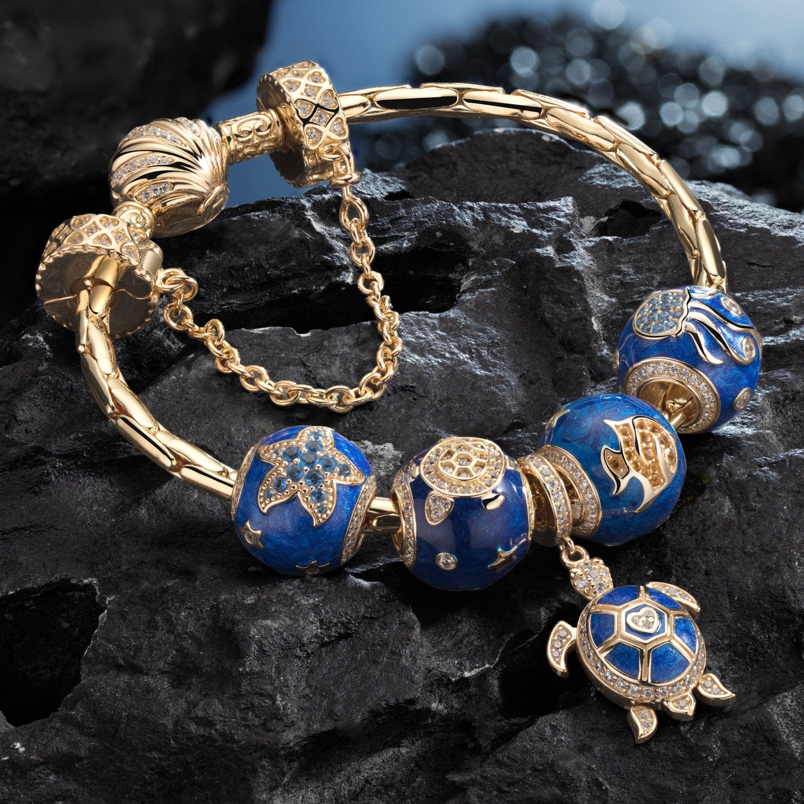 Sterling Silver Marine Animal Charms Bracelet Set With Enamel In 14K Gold Plated (Includes bracelet and all charms shown) - Image 4