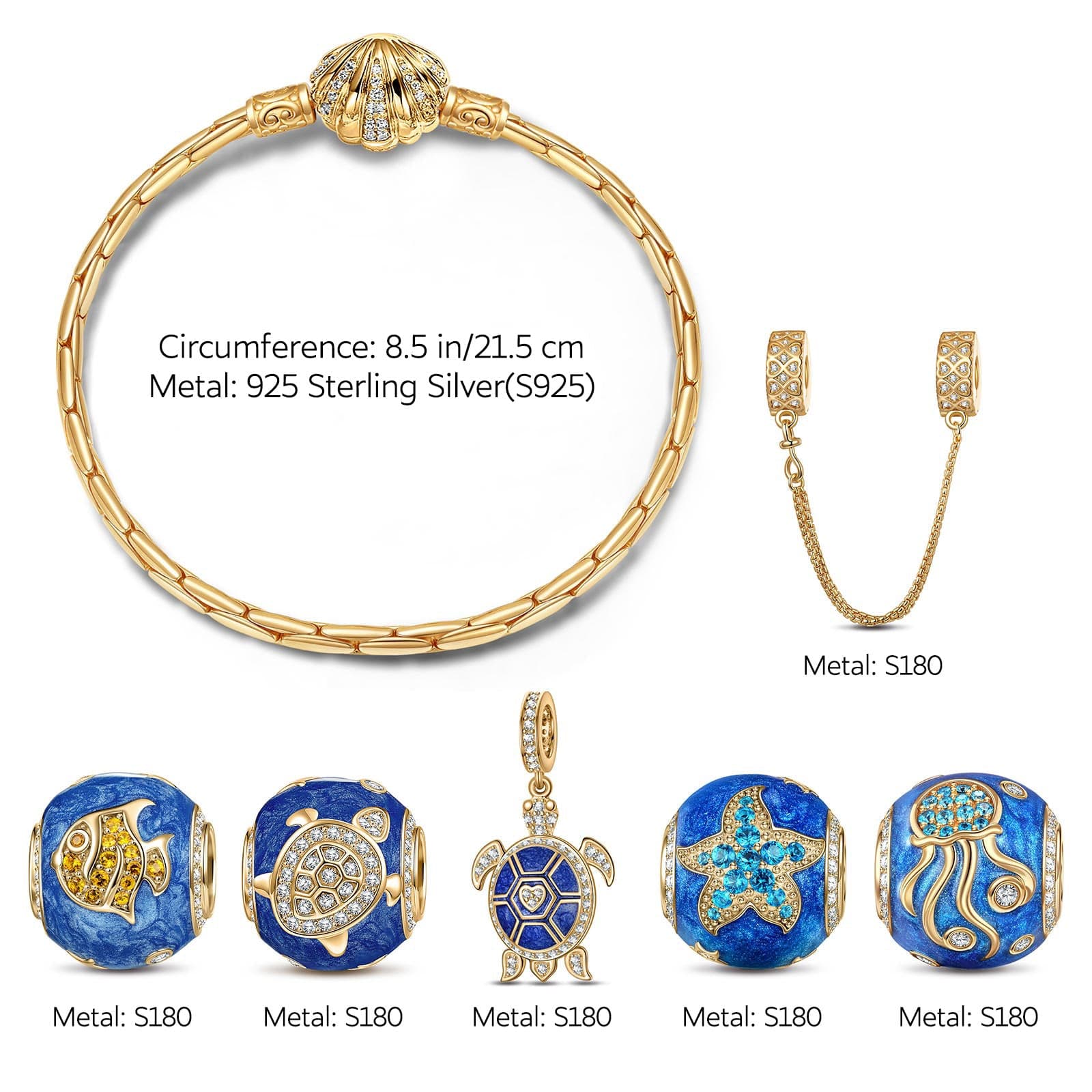 Sterling Silver Marine Animal Charms Bracelet Set With Enamel In 14K Gold Plated (Includes bracelet and all charms shown) - Image 2