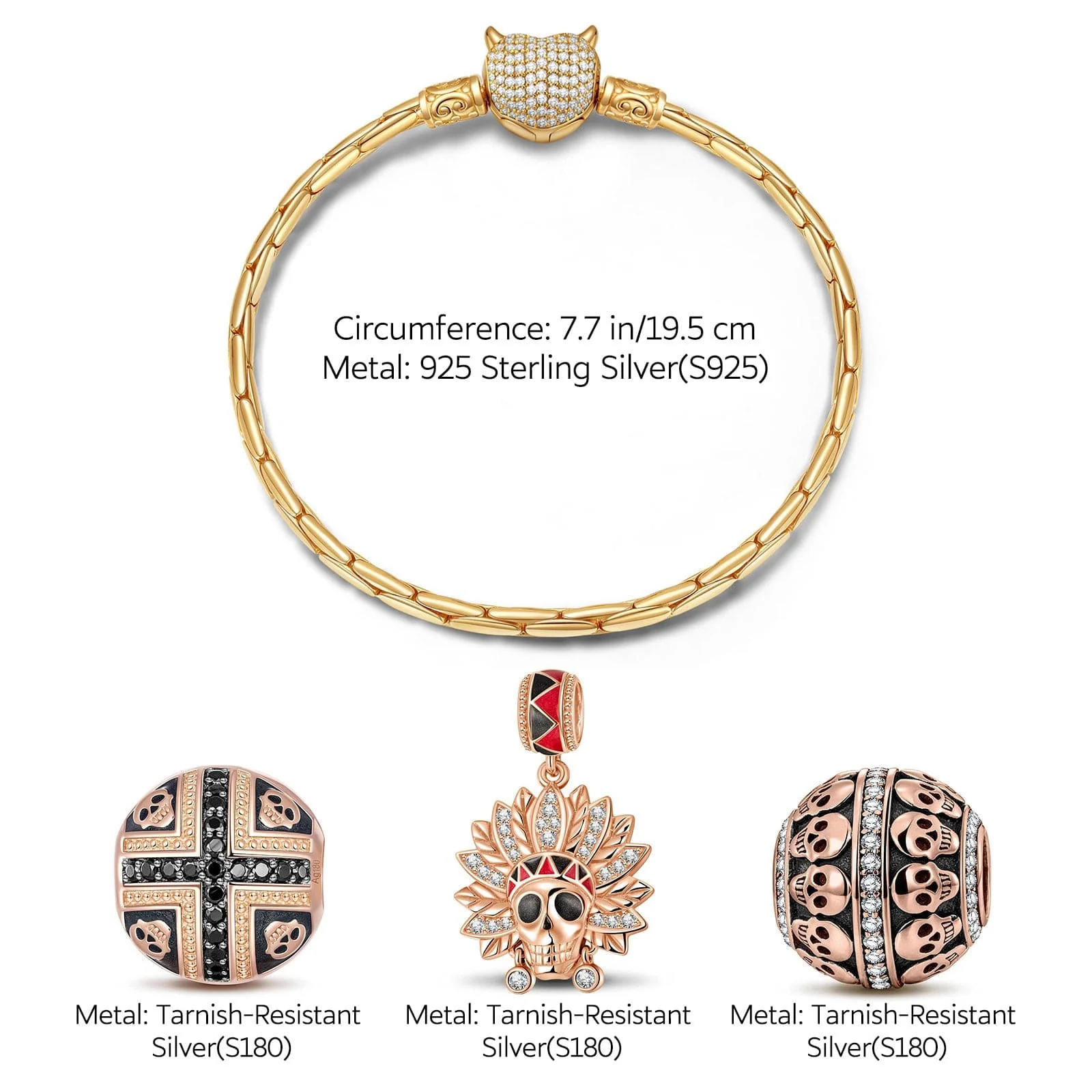 Sterling Silver Halloween & Skull Charms Bracelet Set With Enamel In Rose Gold Plated (Includes bracelet and all charms shown) - Image 2