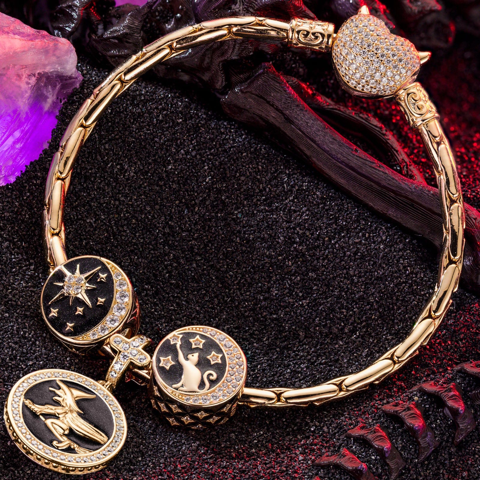 Sterling Silver Halloween Night Charms Bracelet Set With Enamel In 14K Gold Plated (Includes bracelet and all charms shown) - Image 3