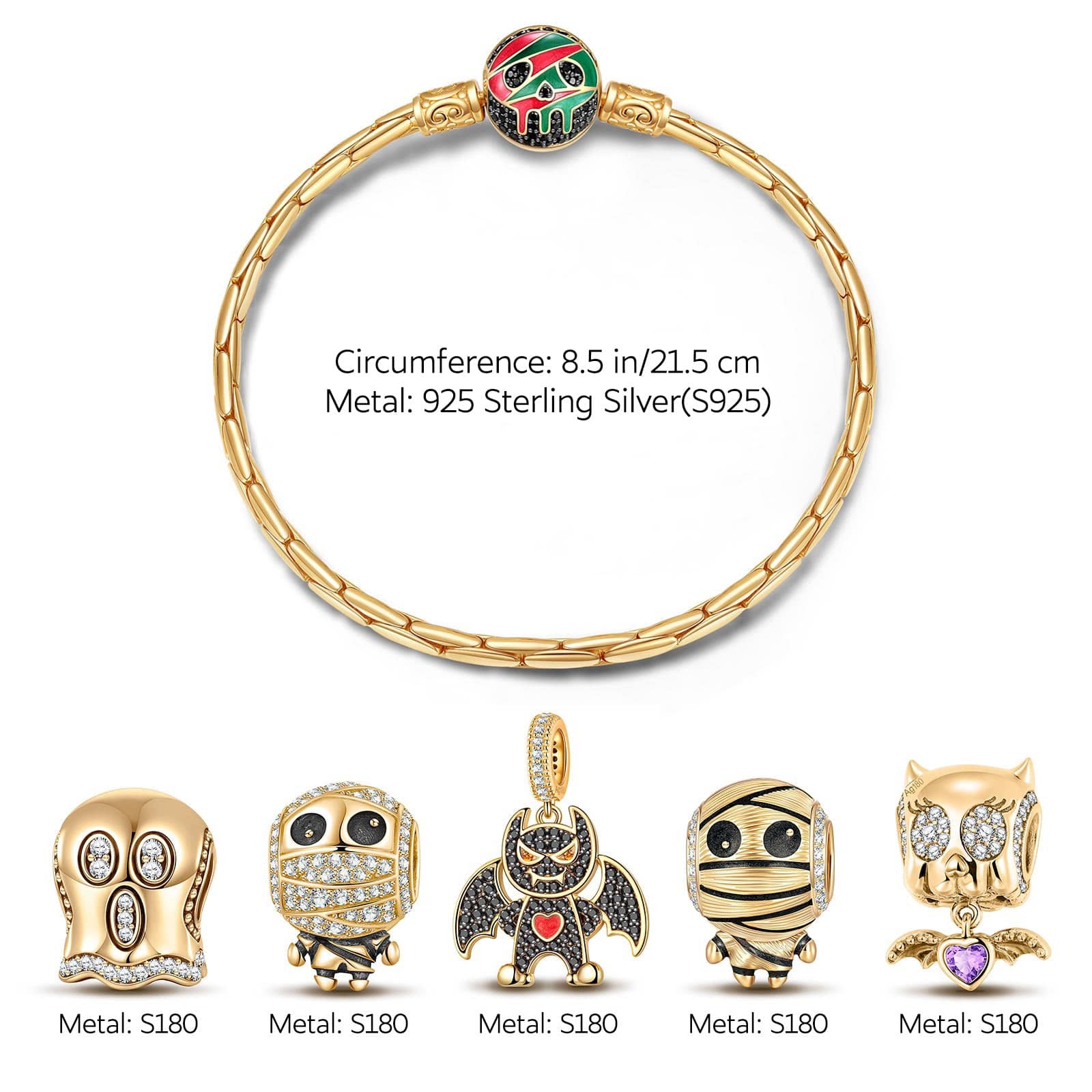 Sterling Silver Halloween Monster Family Charms Bracelet Set With Enamel In 14K Gold Plated (Includes bracelet and all charms shown) - Image 2