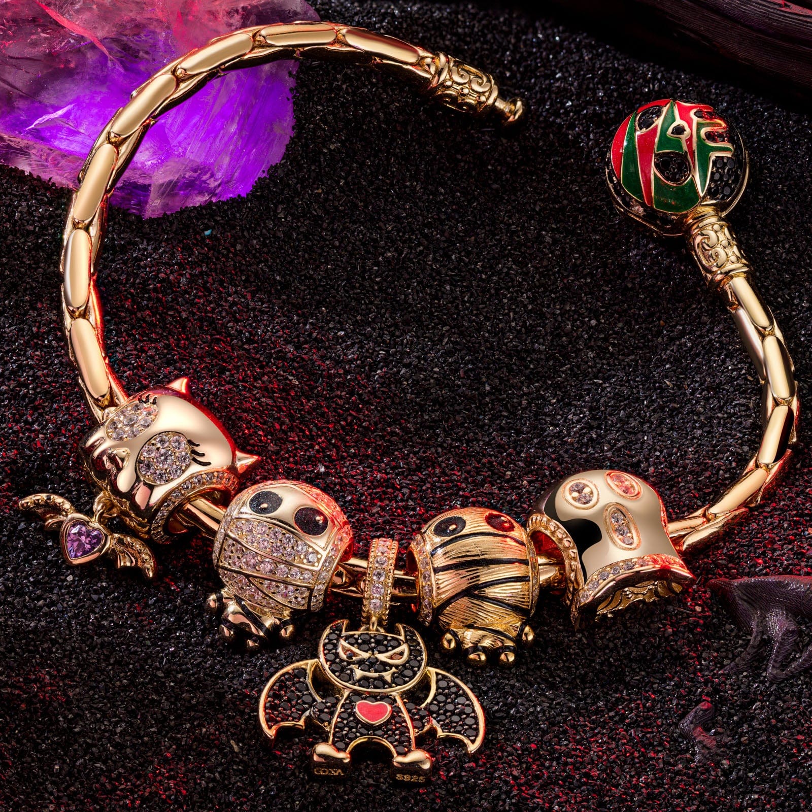 Sterling Silver Halloween Monster Family Charms Bracelet Set With Enamel In 14K Gold Plated (Includes bracelet and all charms shown) - Image 6