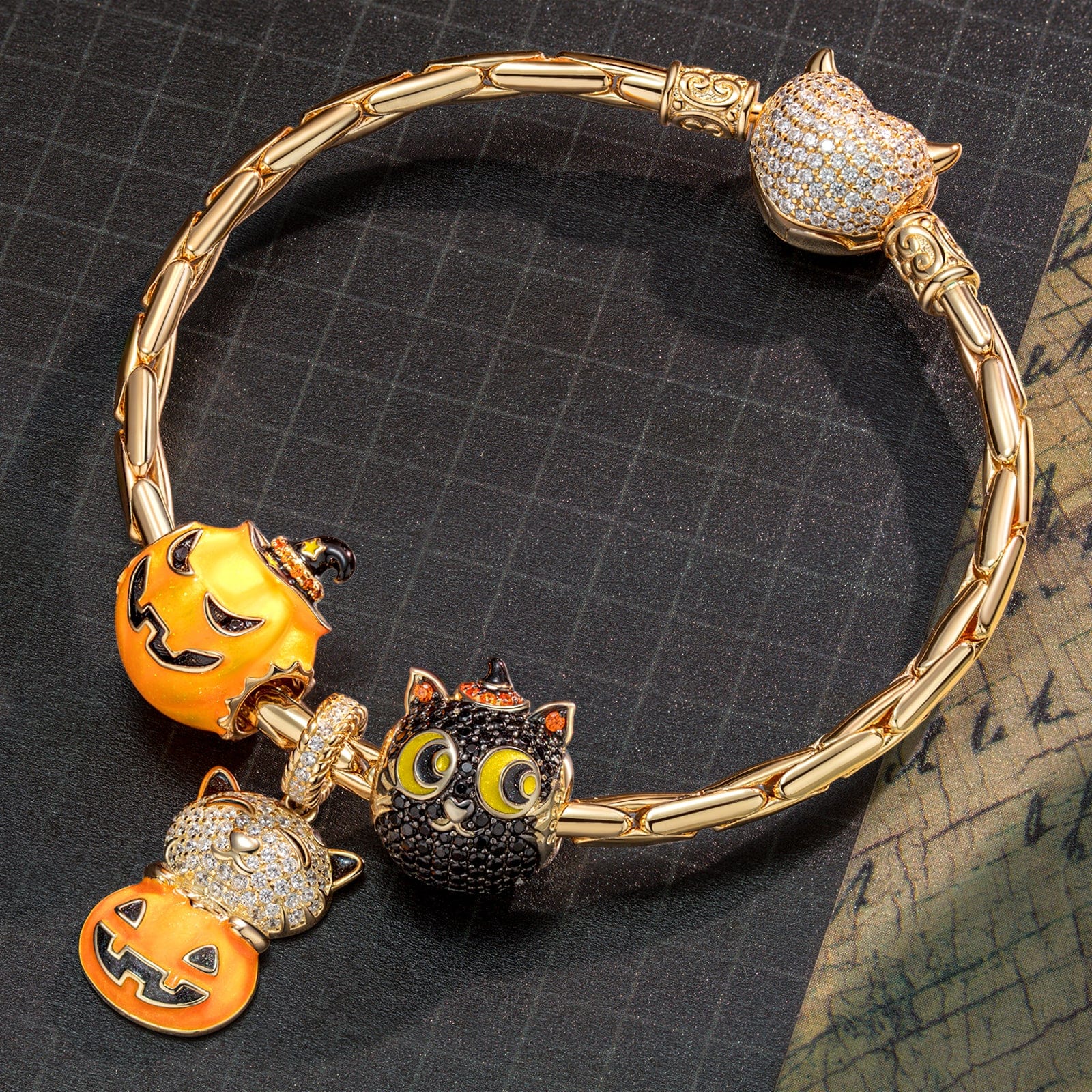 Sterling Silver Pumpkin Elf Charms Bracelet Set With Enamel In 14K Gold Plated (Includes bracelet and all charms shown) - Image 5