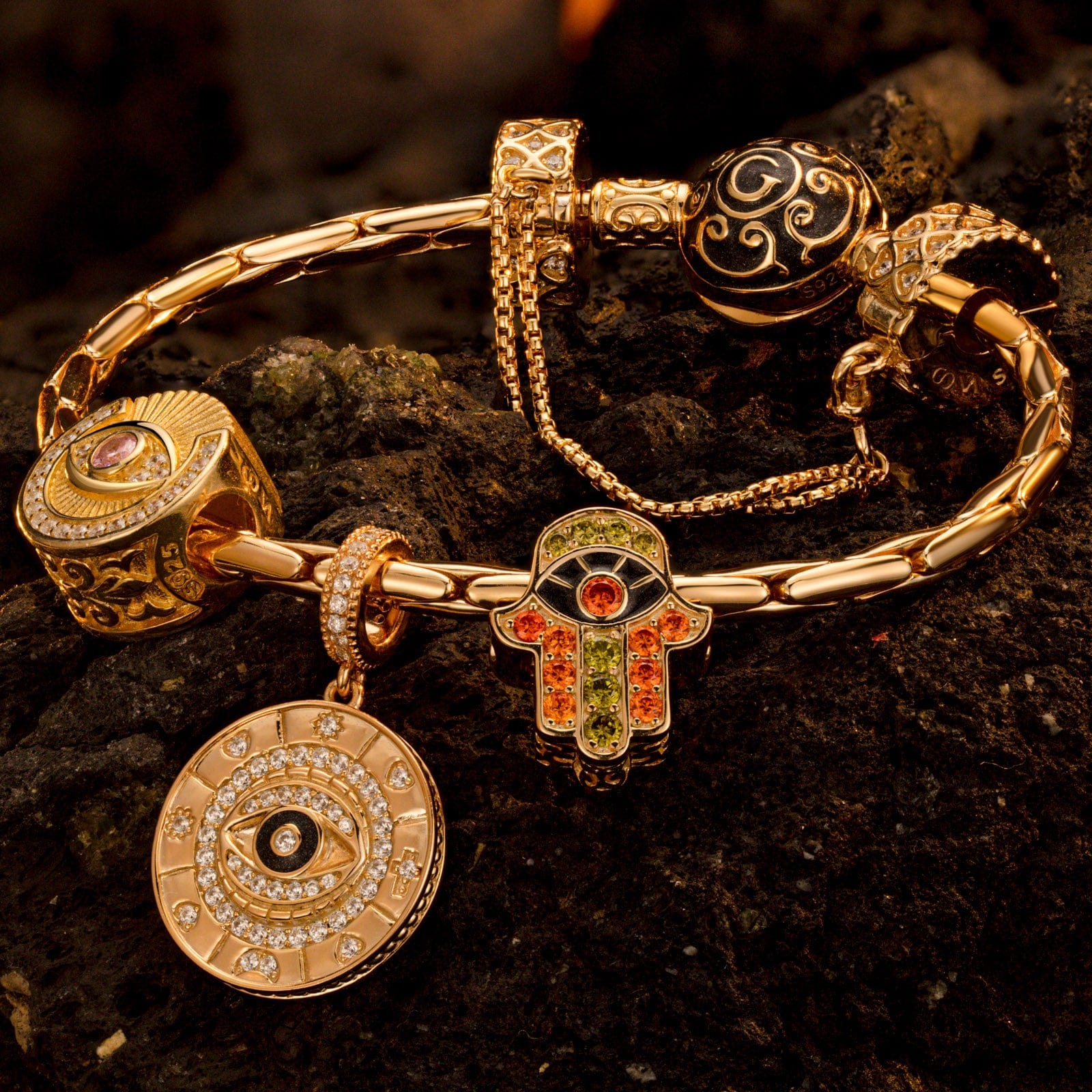 Sterling Silver Star Of David Charms Bracelet Set With Enamel In 14K Gold Plated (Includes bracelet and all charms shown) - Image 2