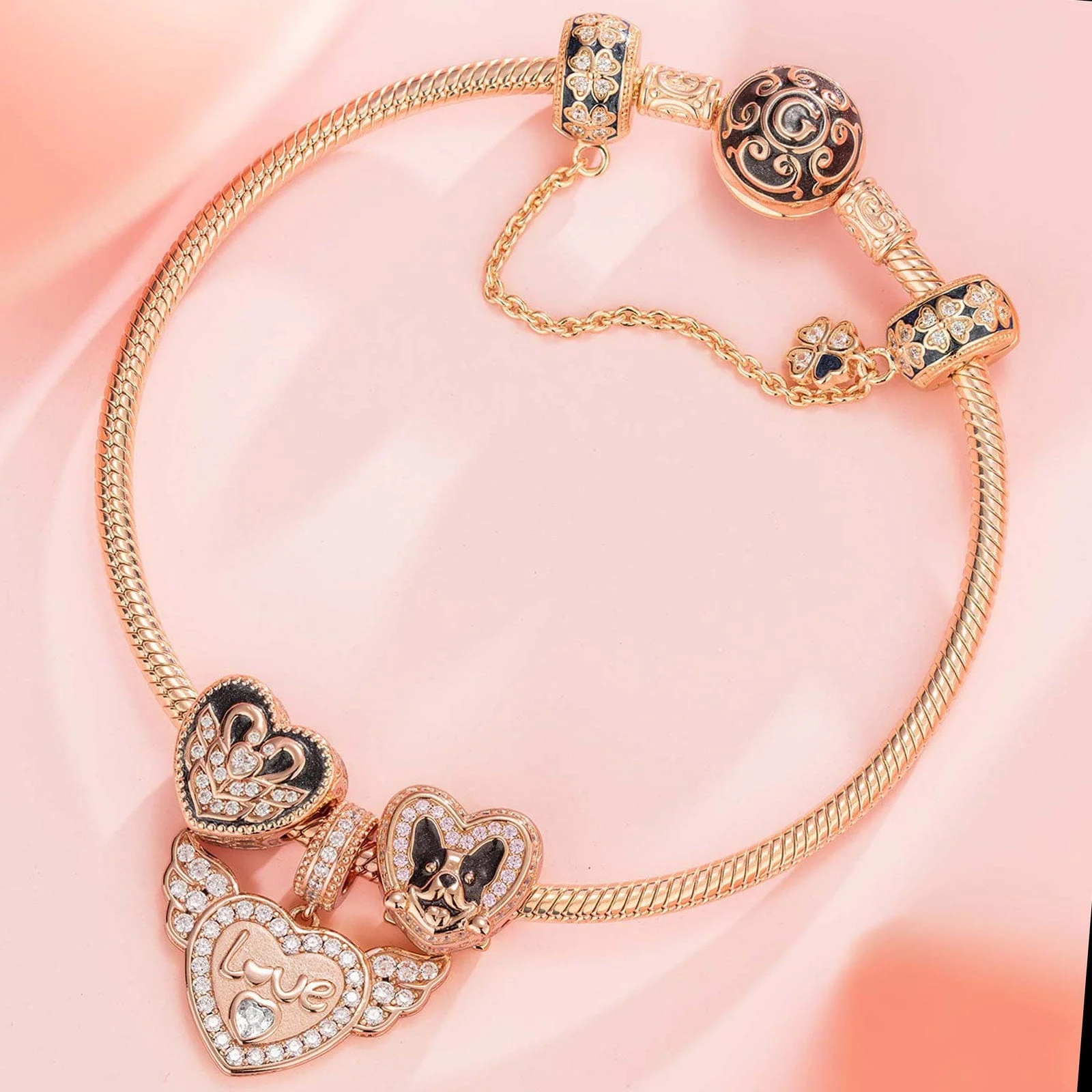 Romantic Love Guardian Tarnish-resistant Silver Charms Bracelet Set With Enamel In Rose Gold Plated (Includes bracelet and all charms shown) - Image 4