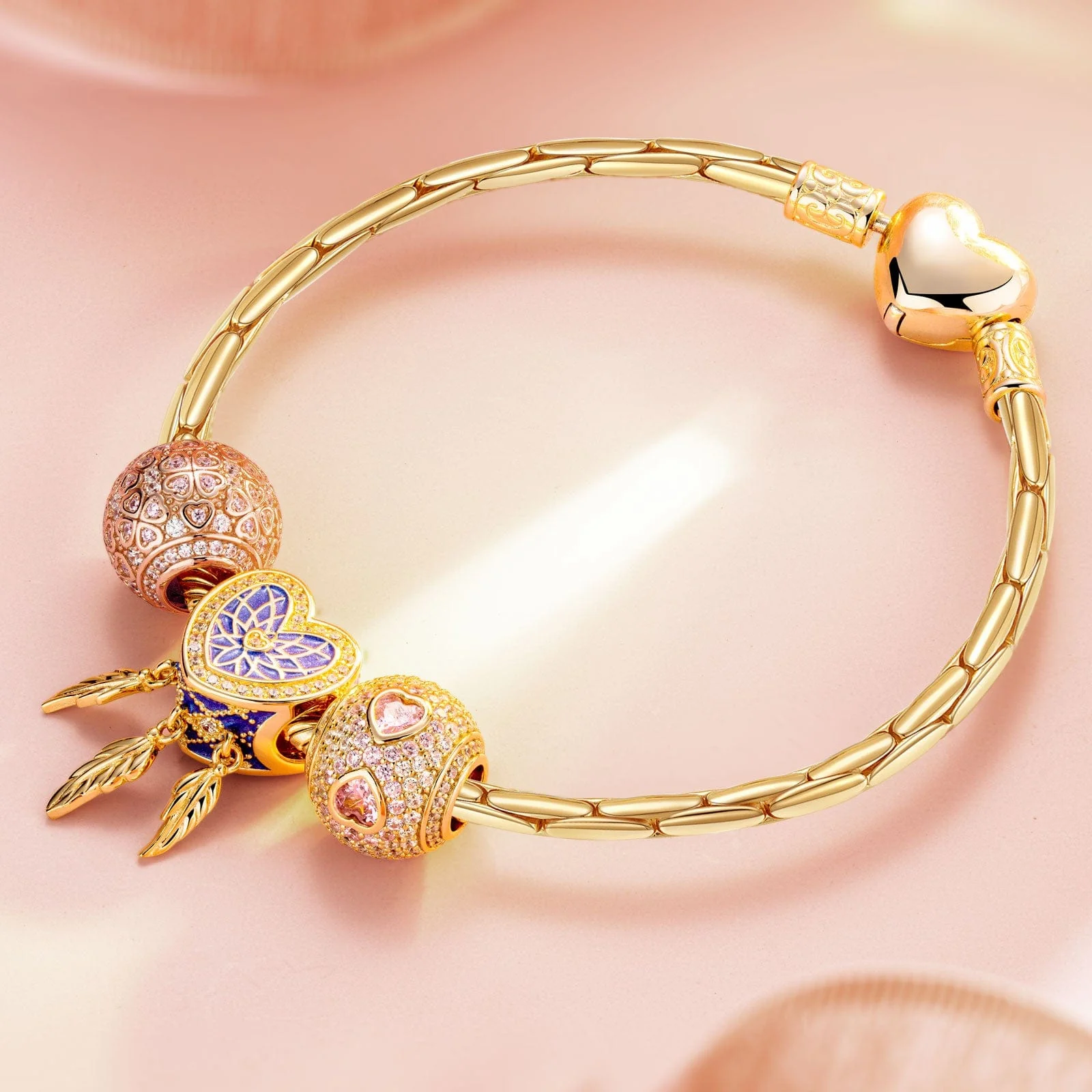 Sterling Silver Romantic Love Charms Bracelet Set With Enamel In 14K Gold Plated (Includes bracelet and all charms shown)