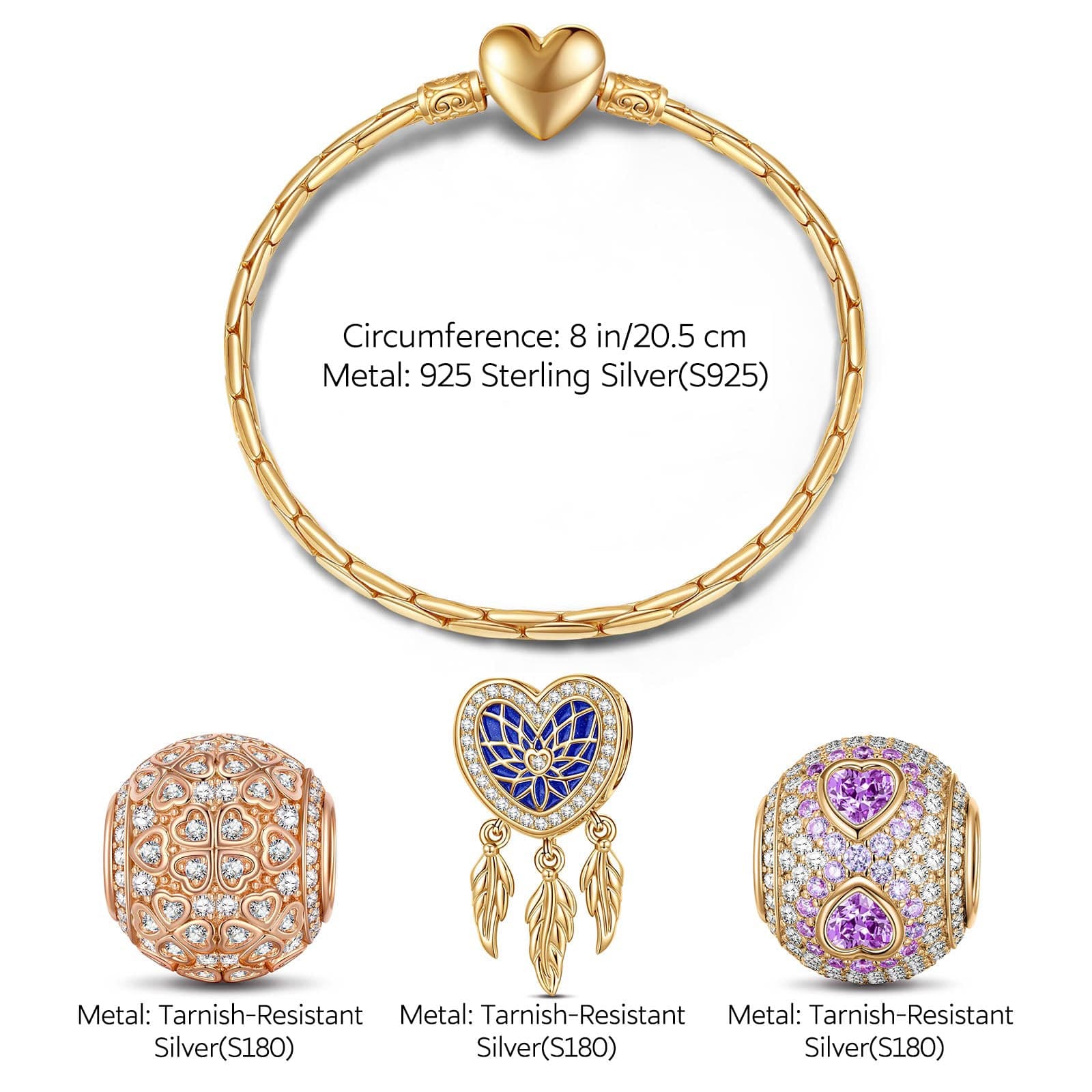 Sterling Silver Romantic Love Charms Bracelet Set With Enamel In 14K Gold Plated (Includes bracelet and all charms shown) - Image 2