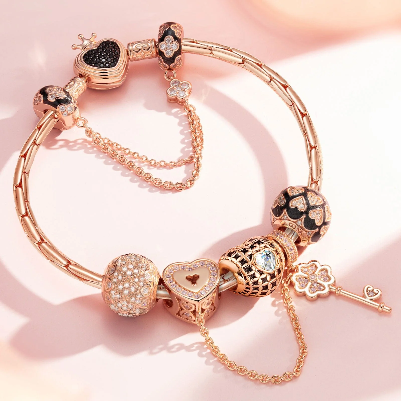 Sterling Silver Valentine's Day Charms Bracelet Set With Enamel In Rose Gold Plated (Includes bracelet and all charms shown) - Image 4