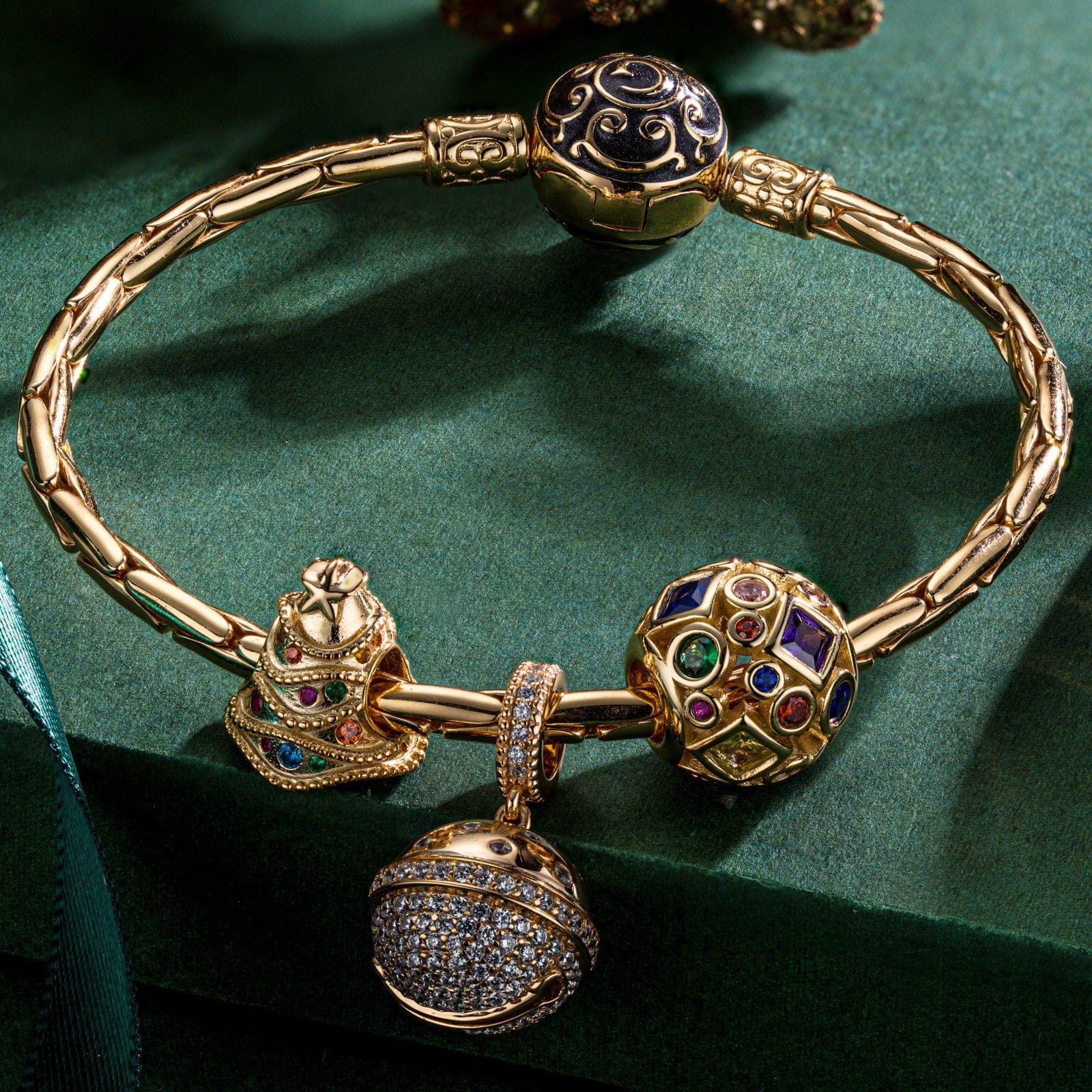 Sterling Silver Colorful and lively Christmas Charms Bracelet Set In 14K Gold Plated (Includes bracelet and all charms shown) - Image 2