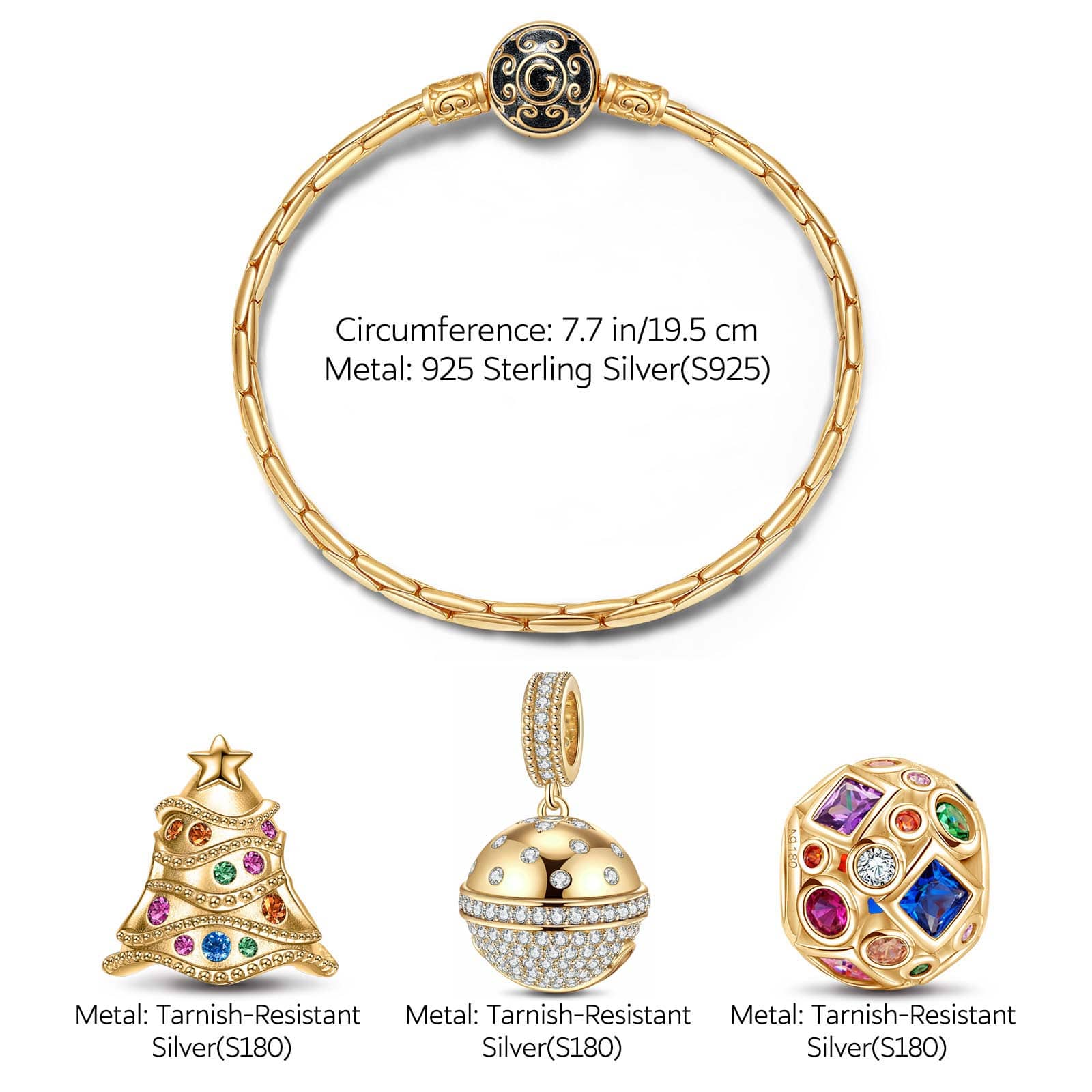 Sterling Silver Colorful and lively Christmas Charms Bracelet Set In 14K Gold Plated (Includes bracelet and all charms shown) - Image 3