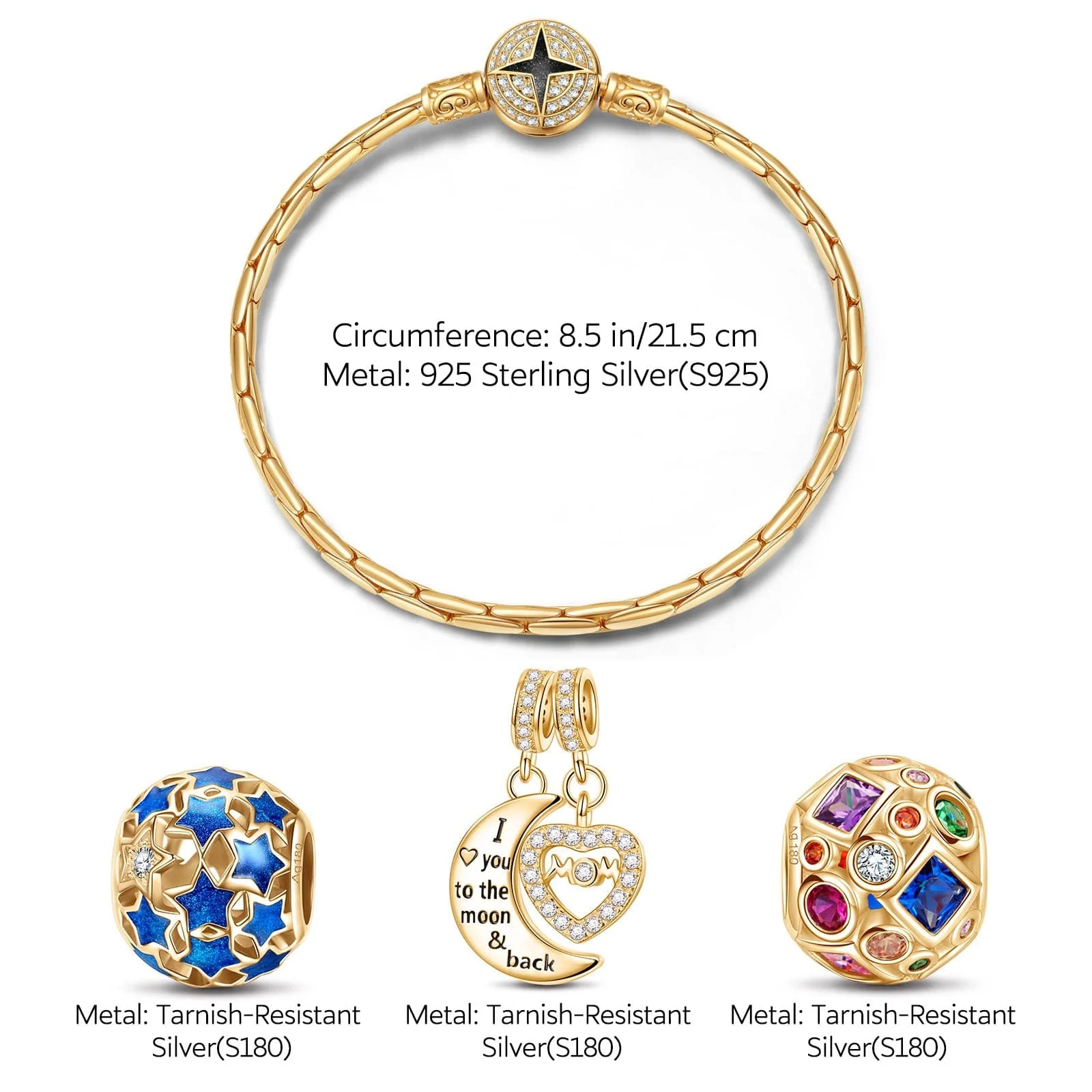 Sterling Silver Moon And Star Charms Bracelet Set With Enamel In 14K Gold Plated (Includes bracelet and all charms shown) - Image 3
